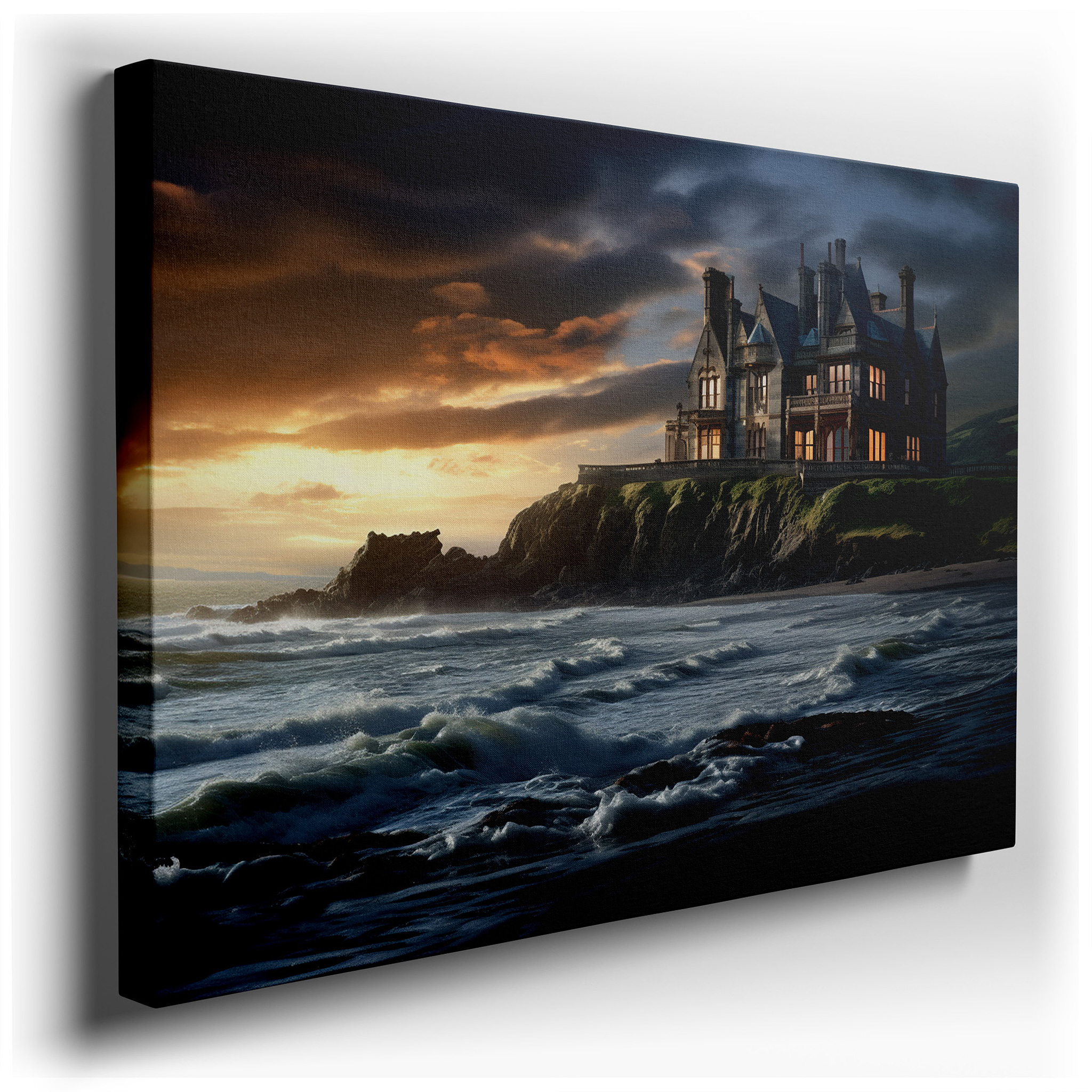 Gothic Mansion on Cliff Overlooking Stormy Seas, Sunset Illuminates the Horizon, Large Canvas Wall Art for Home and