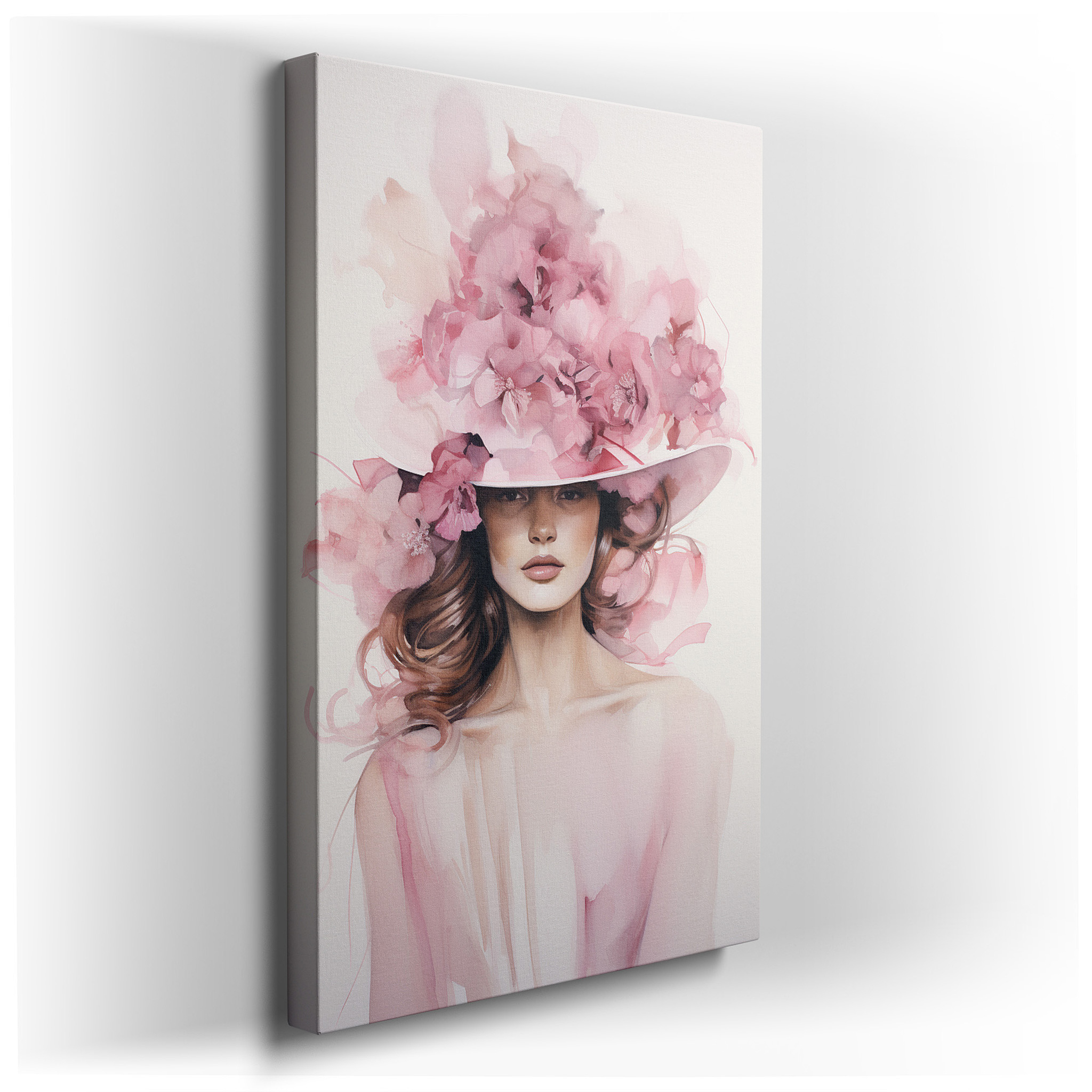 Grace and Bloom - Tranquil Depiction of a Woman in a Floral Hat, Soft Pastel Large Canvas Wall Art for Home and Office