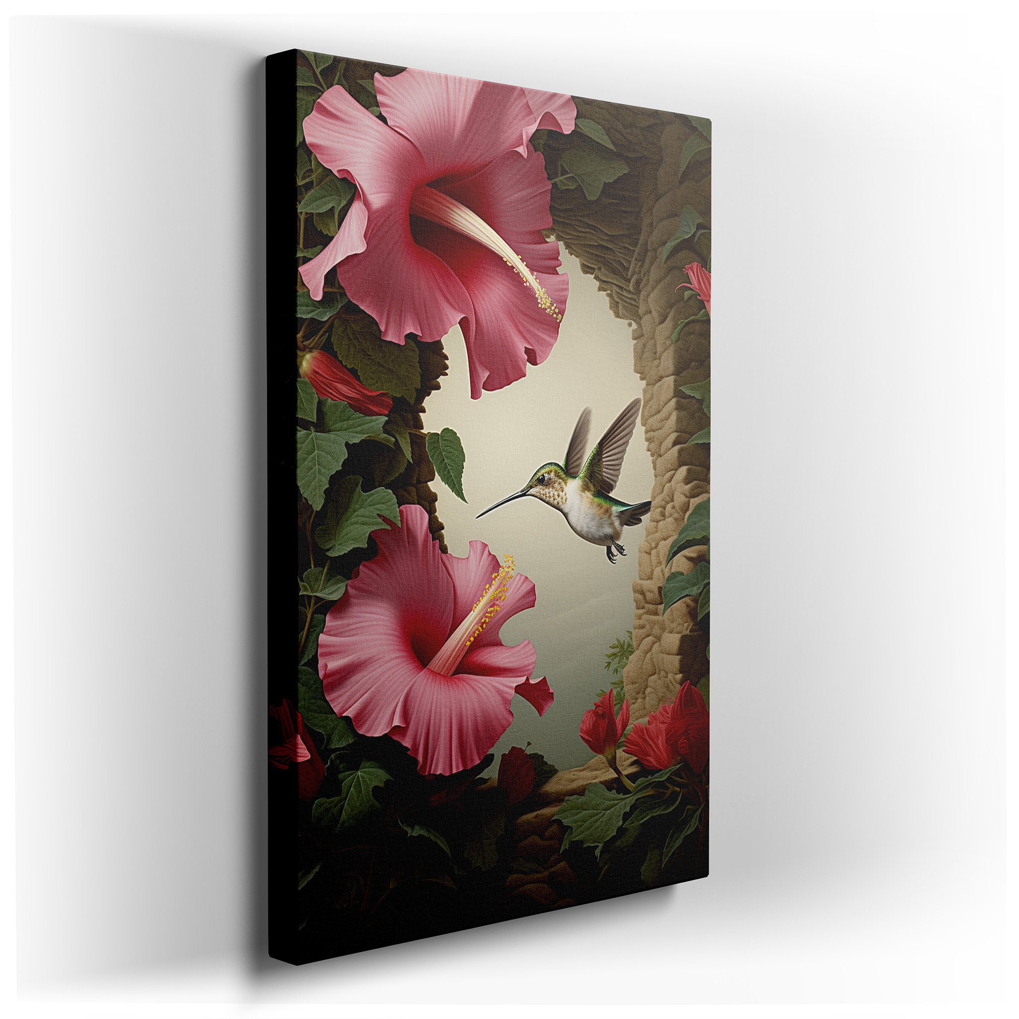 Graceful Hummingbird Hovering Over Vibrant Hibiscus Flowers - Large Canvas Wall Art for Office, Bedroom, and Living