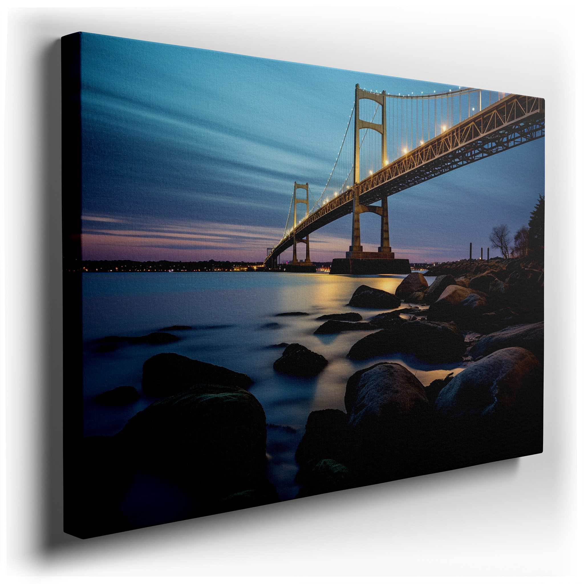 Grand Bridge Over Serene Waters Illuminated by Golden Lights Under a Nocturnal Sky Large Wall Art, Canvas Wall Art,