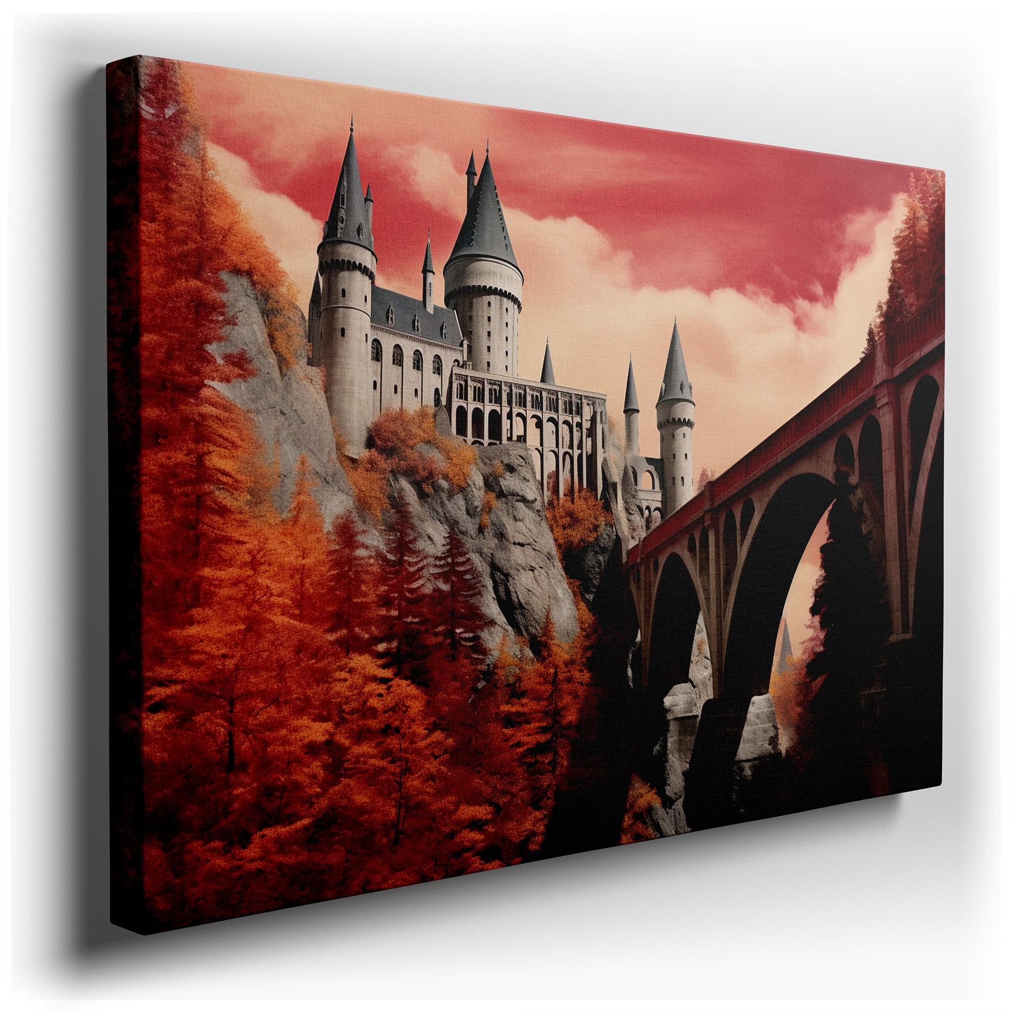 Grand Castle on Rocky Cliffs Beneath a Crimson Sky, Symbolizing Grandeur and Mystical Worlds, Large Canvas Wall Art for