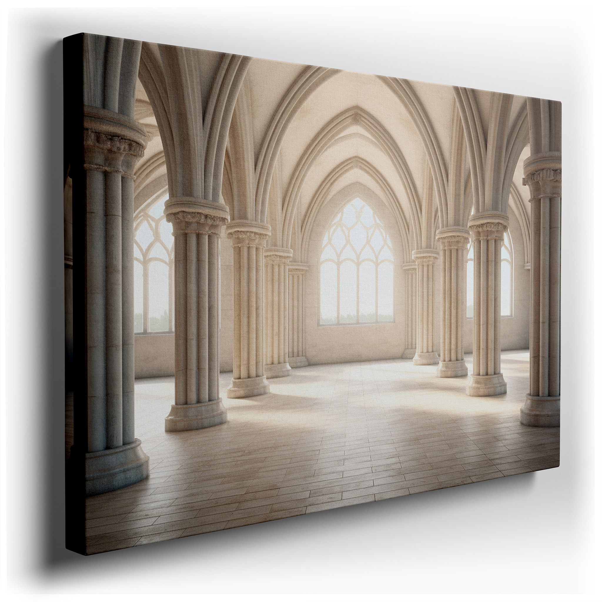 Grand Gothic Interior Canvas Featuring Towering Arches and Detailed Pillars, Ideal for Office and Bedroom Wall Decor