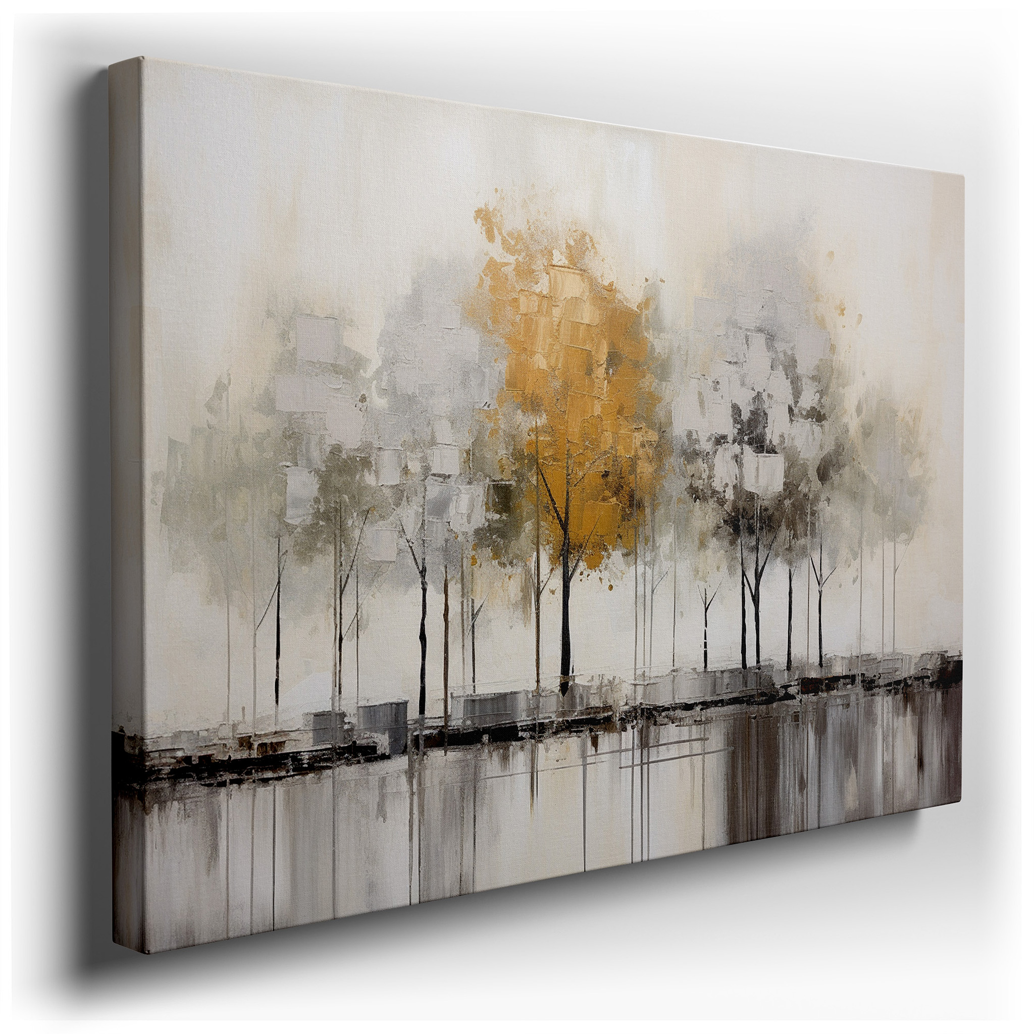Gray Stylized Trees with Gold Splashes Exude Serenity and Tranquility - Large Canvas Wall Art for Office Decor wrapped