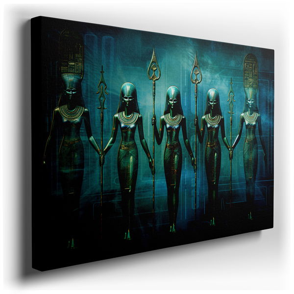 Guardians of Time - Surrealistic Blue and Gold Canvas Wall Art