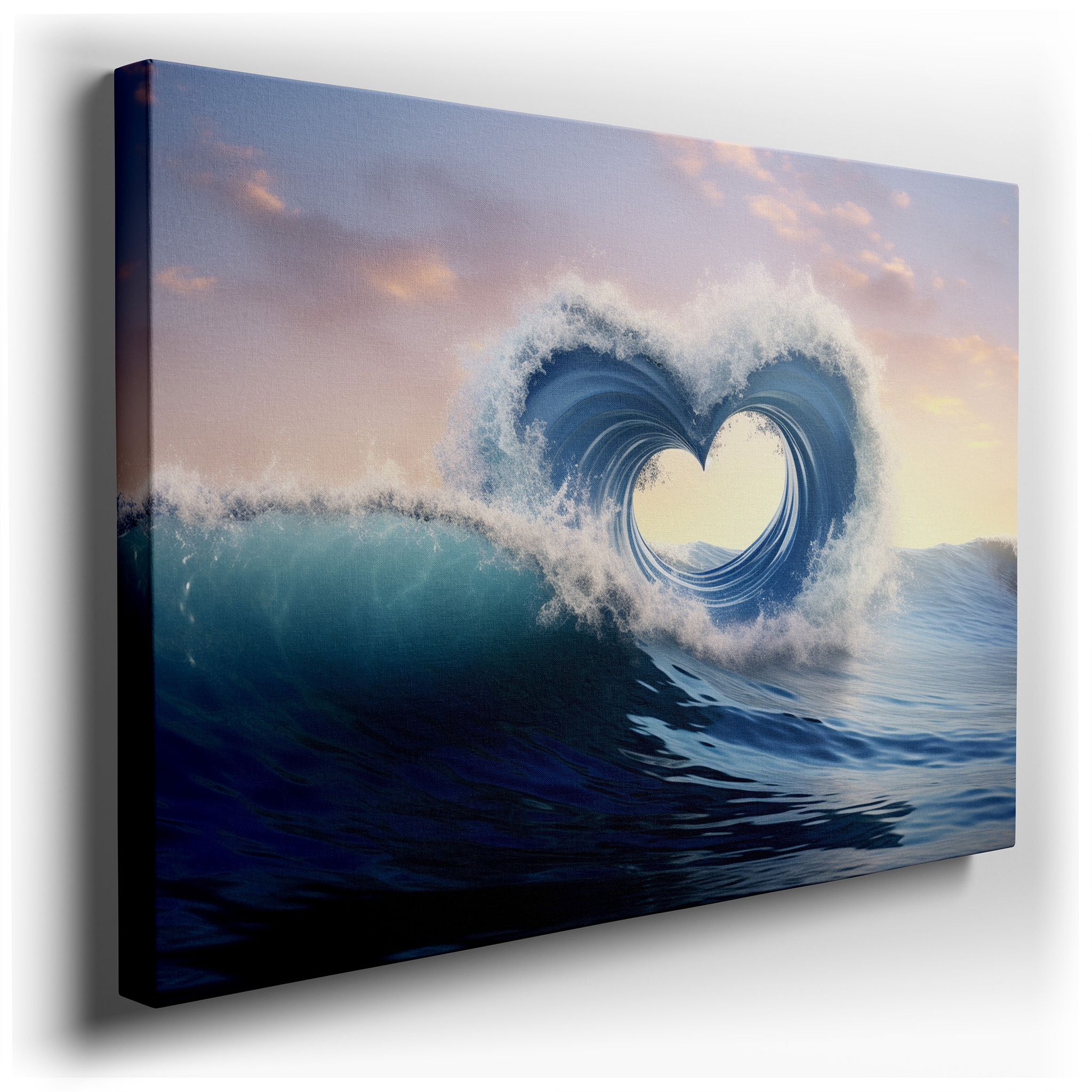 "Heart of the Ocean" - Serene Seascape Featuring a Heart - Shaped Wave at Dawn, Large Canvas Wall Art for Home and