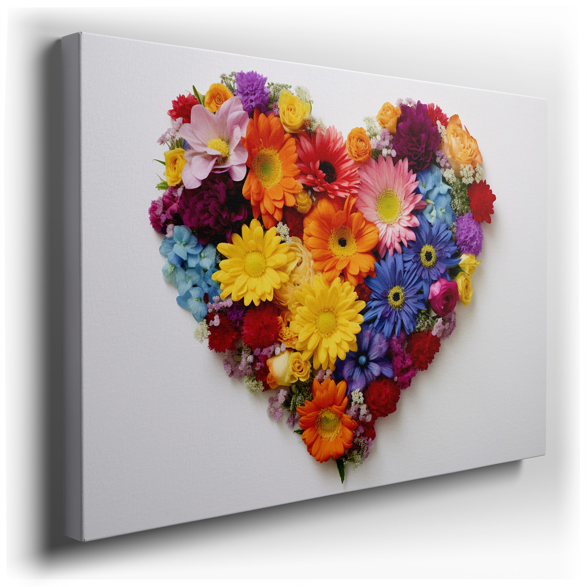 Heart - Shaped Floral Symphony Wall Art Featuring Roses, Daisies, and Lilies - Celebrating Love and Nature, Ideal for