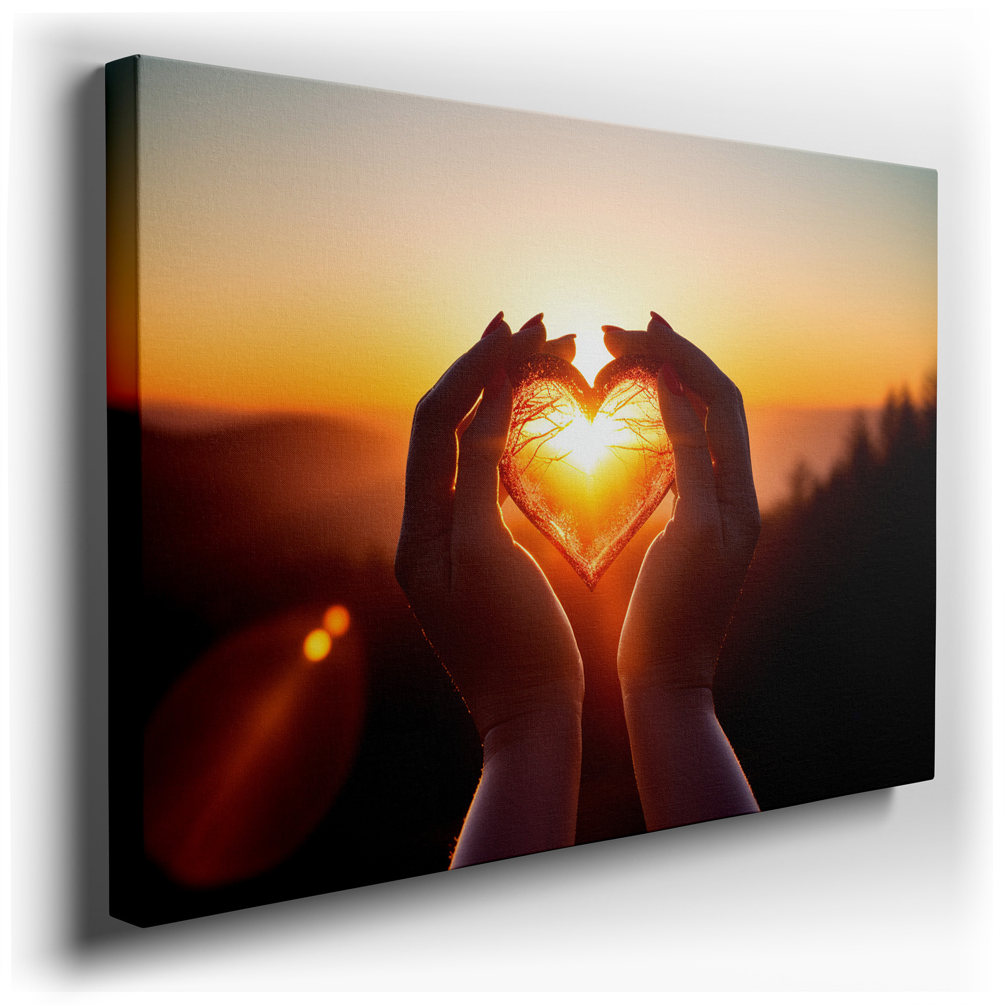 Heart - Shaped Hands at Sunset Wall Art, Representing Unity and Love - Ideal for Office, Living Room, or Bedroom Decor