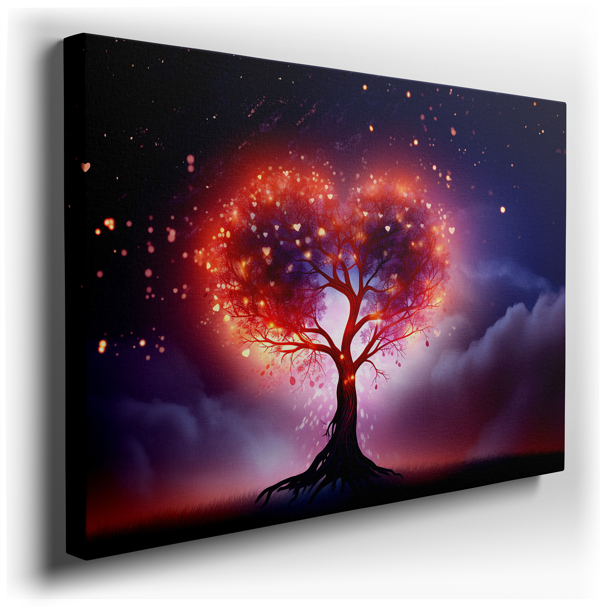 Heart - Shaped Tree Under Twilight Sky with Twinkling Stars Large Canvas Wall Art for Office and Bedroom Decor wrapped