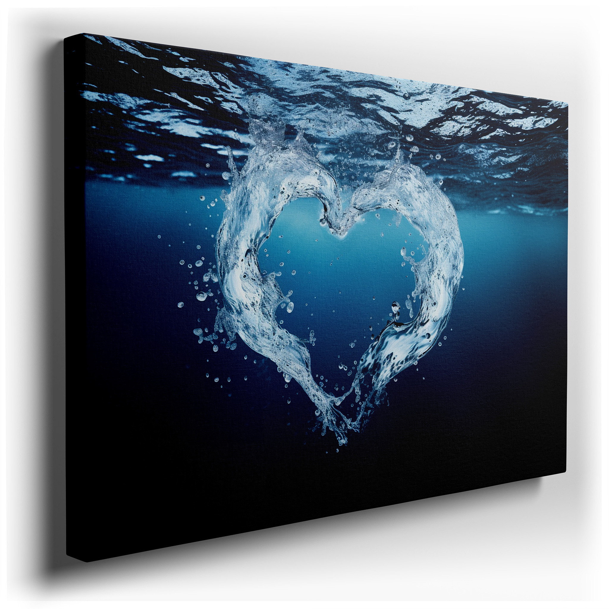 Heart - Shaped Water Splash on Serene Blue Background - Large Canvas Wall Art for Office and Bedroom Decor wrapped