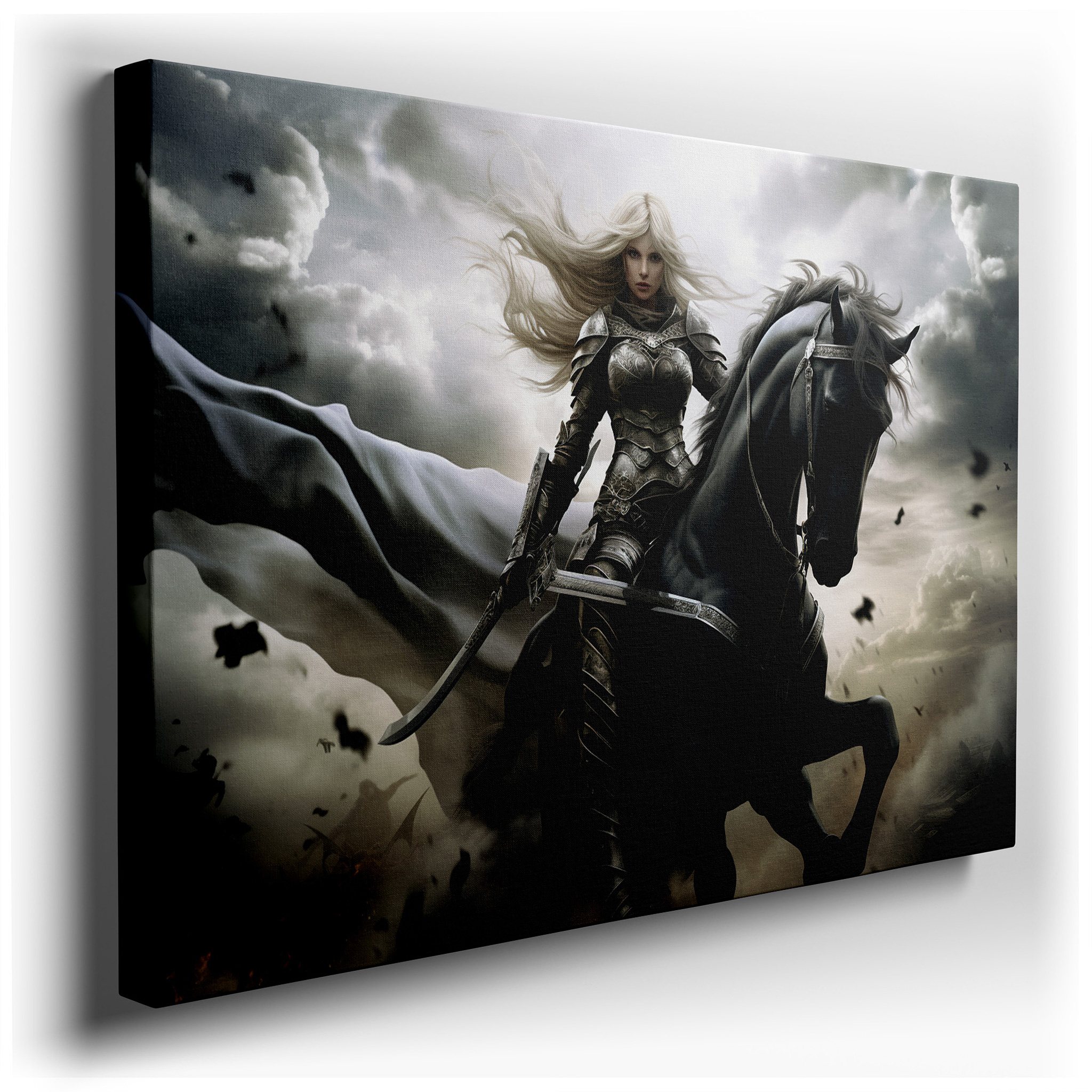 Heroic Female Knight and Black Horse Charging Through a Stormy Saga - Large Canvas Wall Art for Office, Bedroom, and