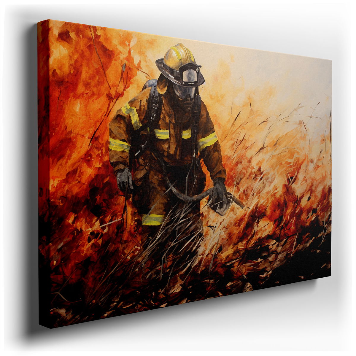 Heroic Firefighter Confronts Inferno - Expressive Realism Canvas Wall Art