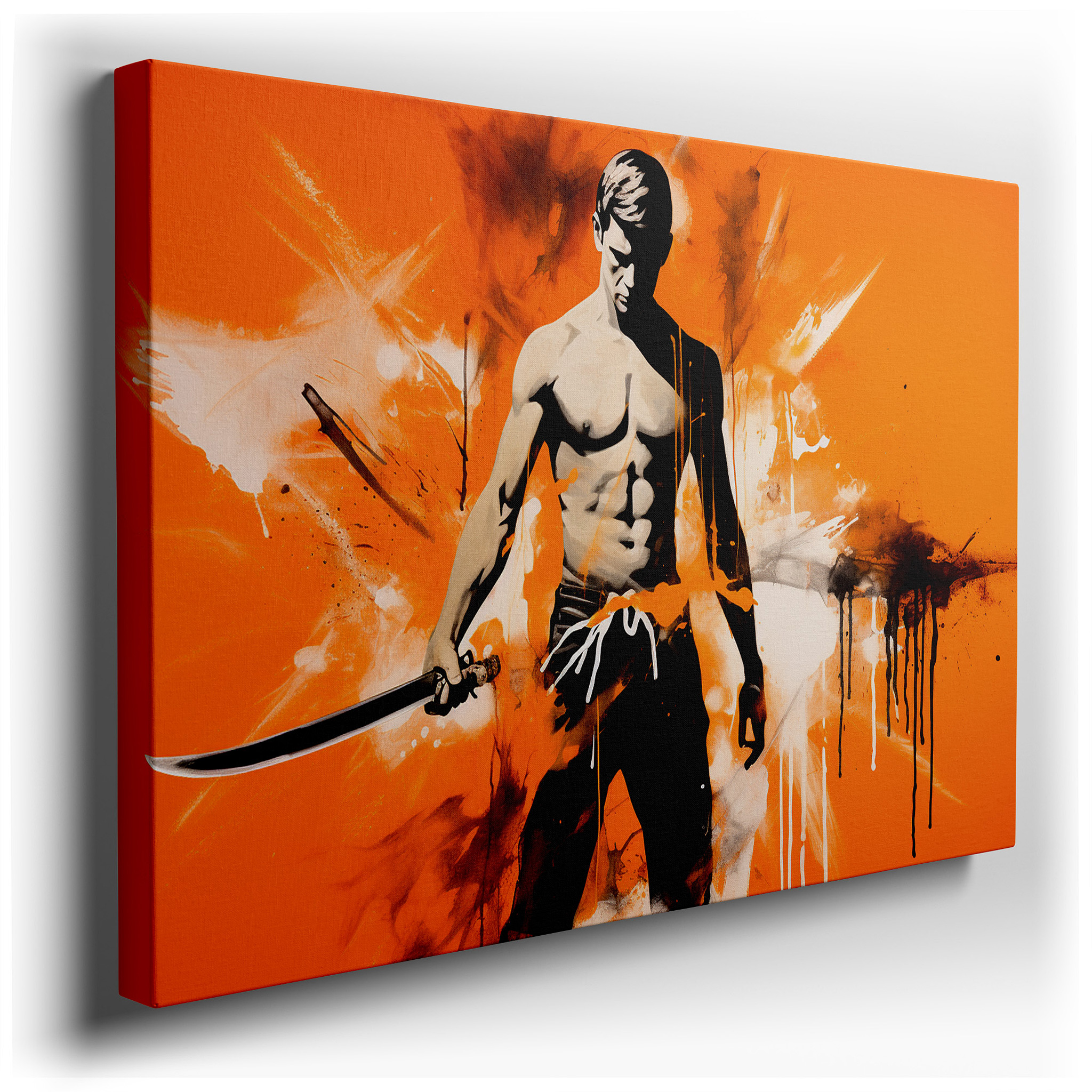 Heroic Silhouette Set Against a Fiery Orange Backdrop, A Bold Display of Determination and Strength - Large Canvas Wall