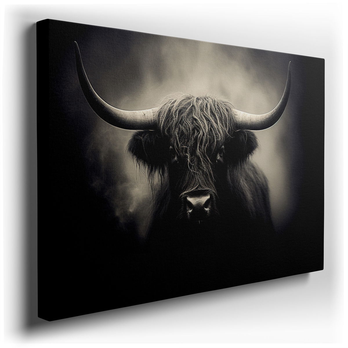 Highland Cow Portrait - Monochrome Canvas Wall Art
