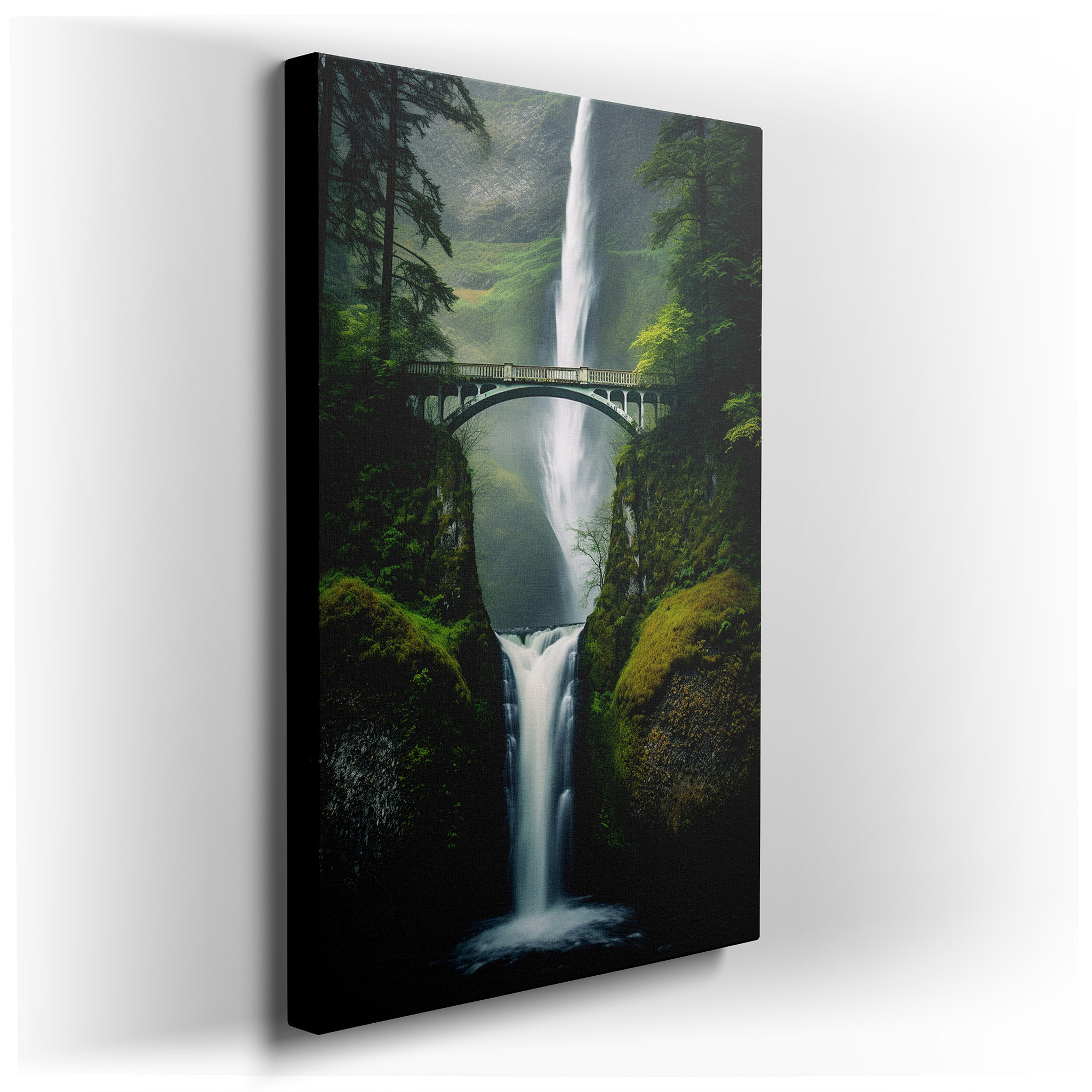 Historic Bridge and Majestic Waterfall Surrounded by Lush Greenery: Tranquil and Adventurous Large Wall Art, Canvas