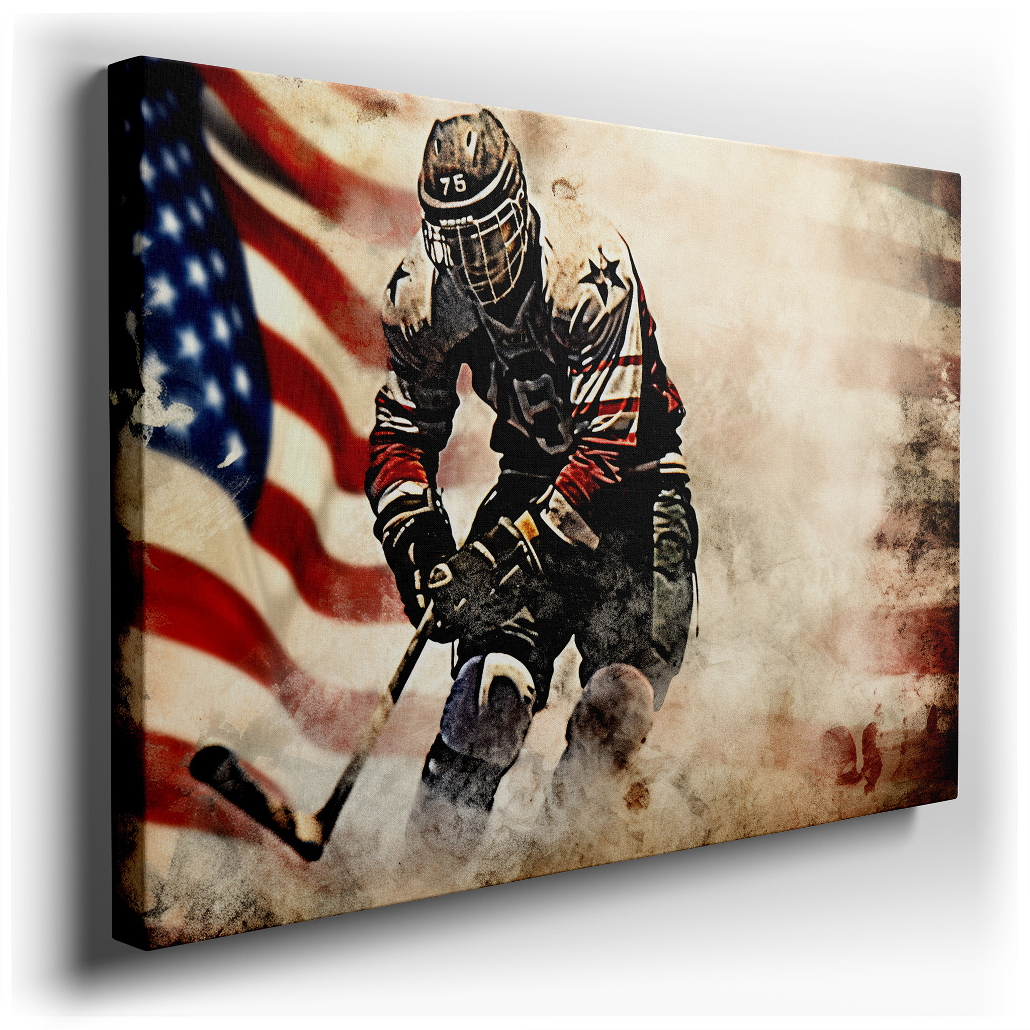 "Hockey Heroism in Home Design: A Player's Vigorous Chase Among Stars and Stripes" - Large Wall Art, Canvas Wall Art,