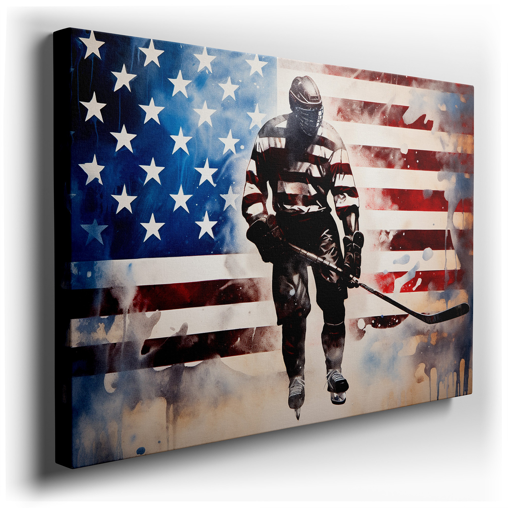 Hockey Player with American Flag - Celebrating Sport and Patriotism Large Wall Art, Canvas Wall Art, Wall Decor, Office