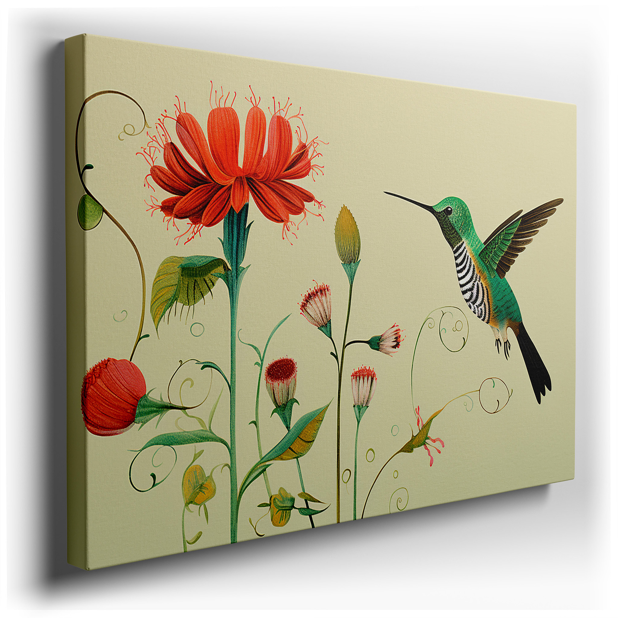 Hummingbird Mid - Hover Dance Amidst Vibrant Flowers, Representing Biodiversity and Ecosystem Symbiosis - Large Wall