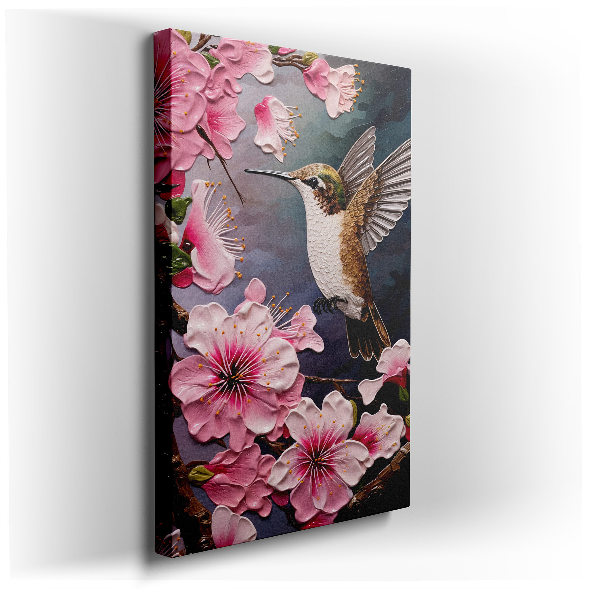 Hummingbird's Ethereal Glow Amid Delicate Pink Blossoms Large Wall Art, Canvas Wall Art, Wall Decor for Office and