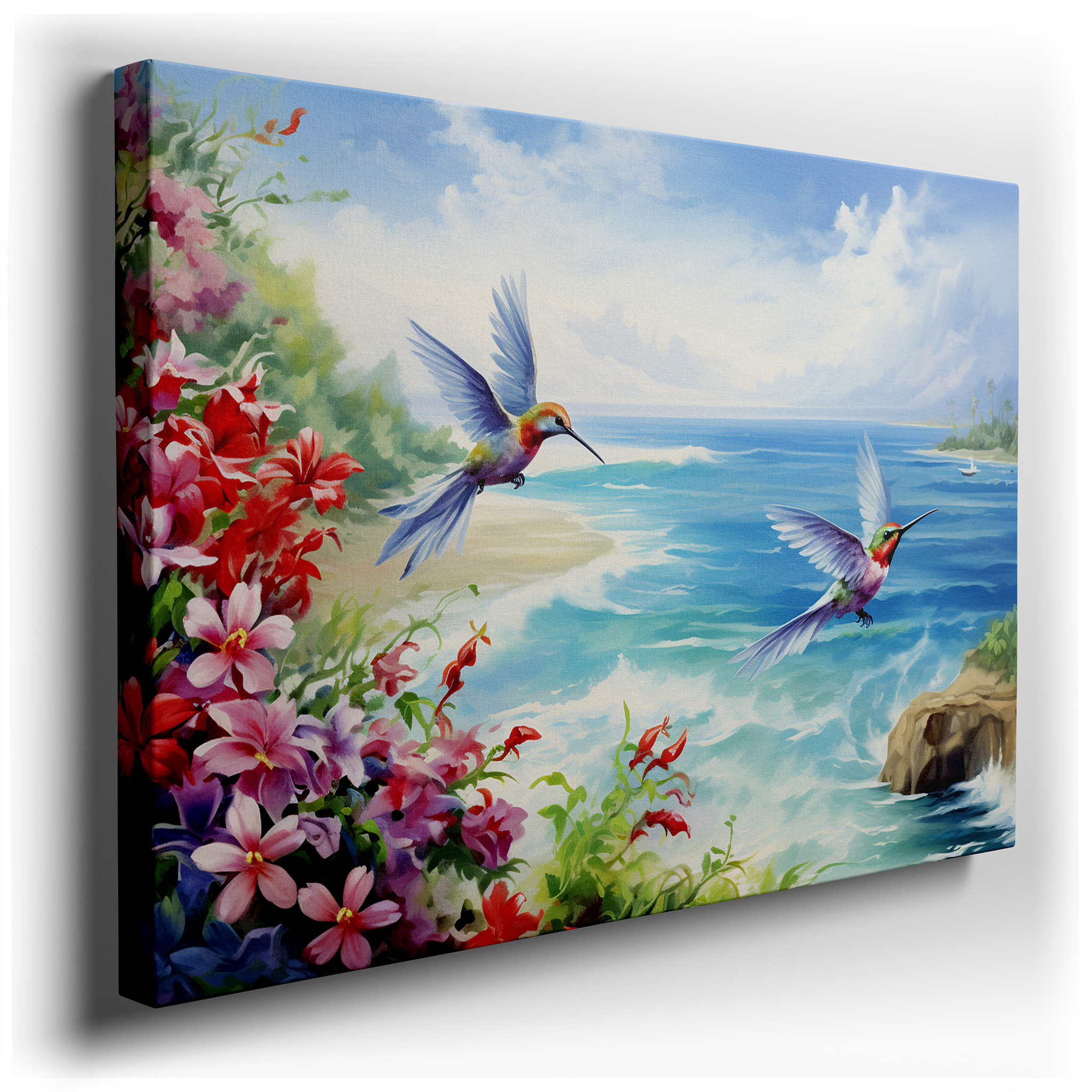 Hummingbirds and Tropical Flowers with Ocean View Large Wall Art, Canvas Decor for Office, Bedroom, and Living Room