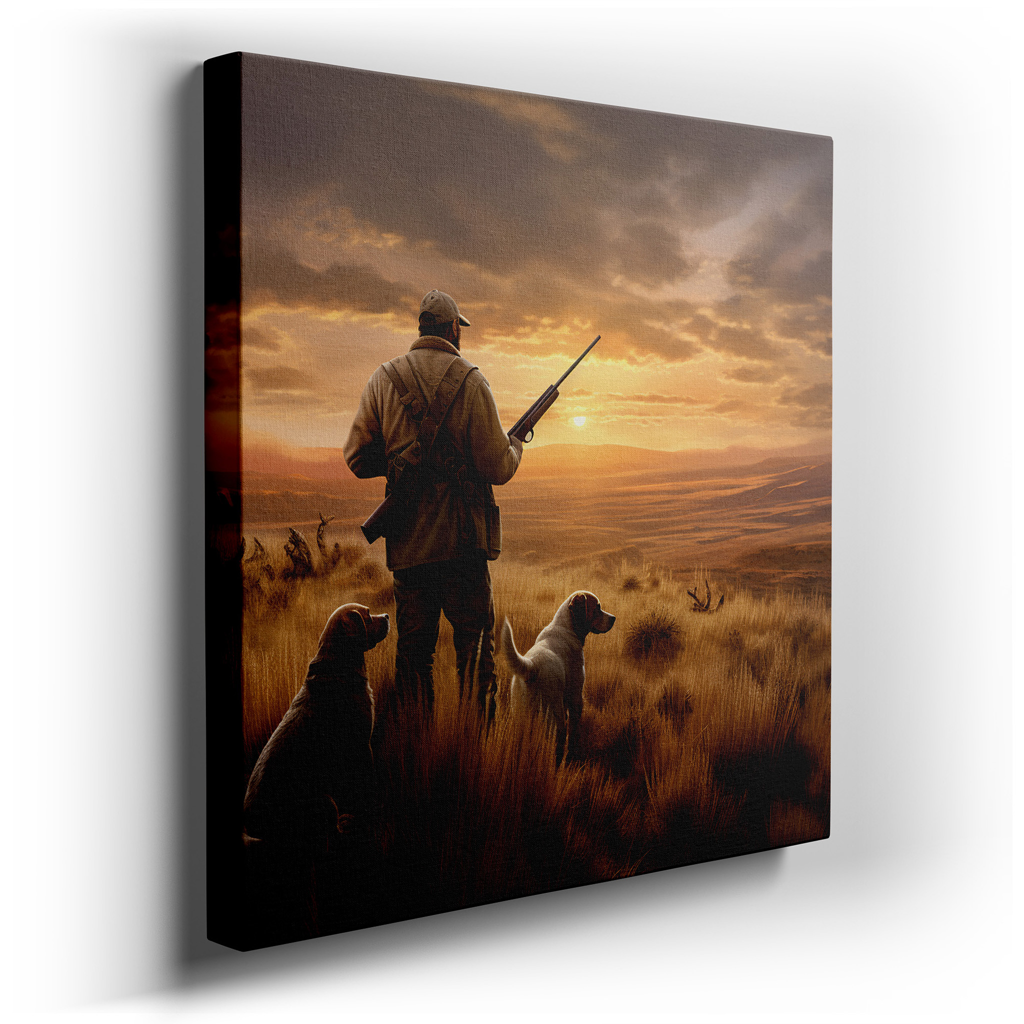 Hunter and Dogs at Sunset - Companionship and Adventure Silhouette Large Wall Art, Canvas Wall Art, Office Wall Decor