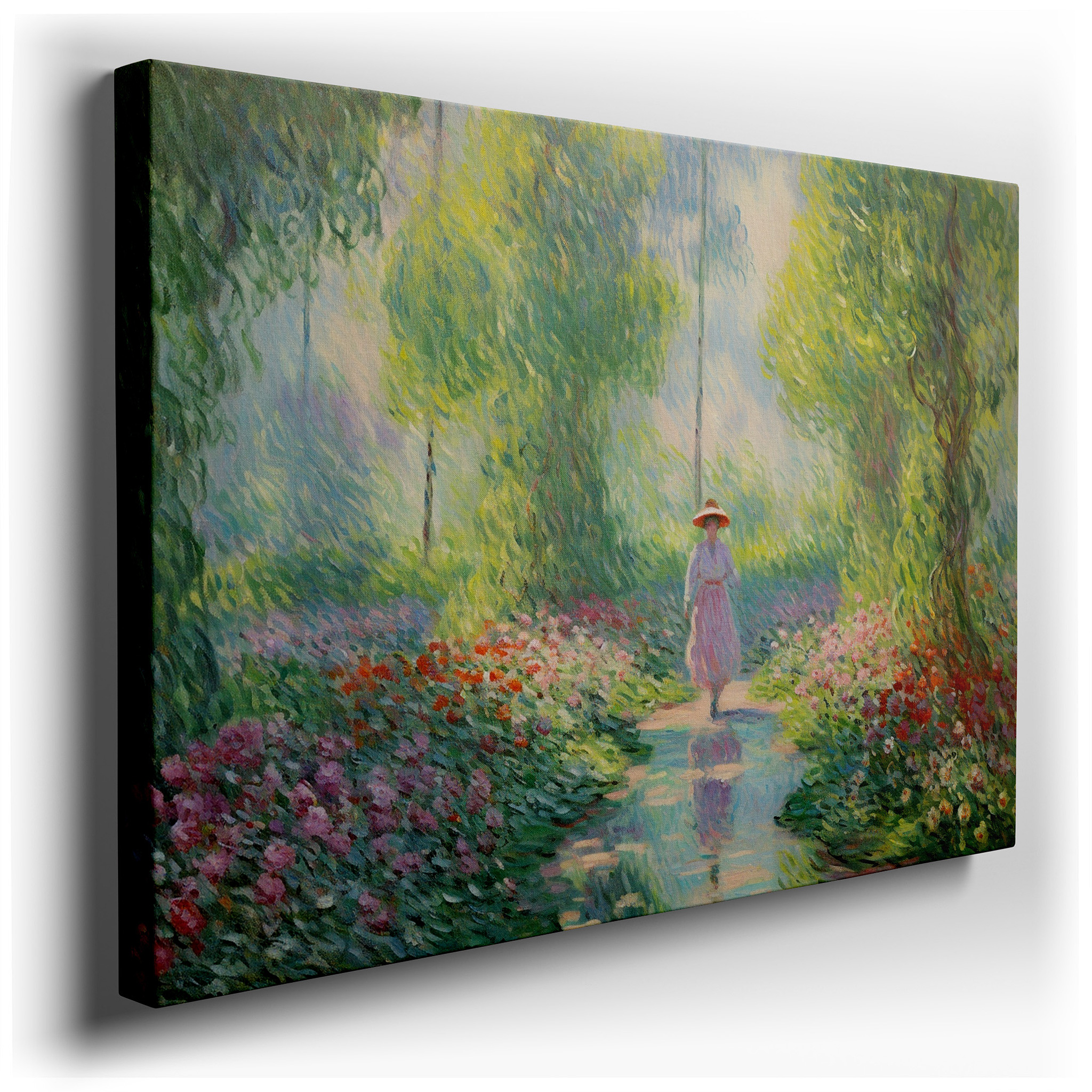Impressionist Tranquil Scene of a Woman in a Blooming Garden at Dawn, Large Canvas Wall Art for Office and Bedroom