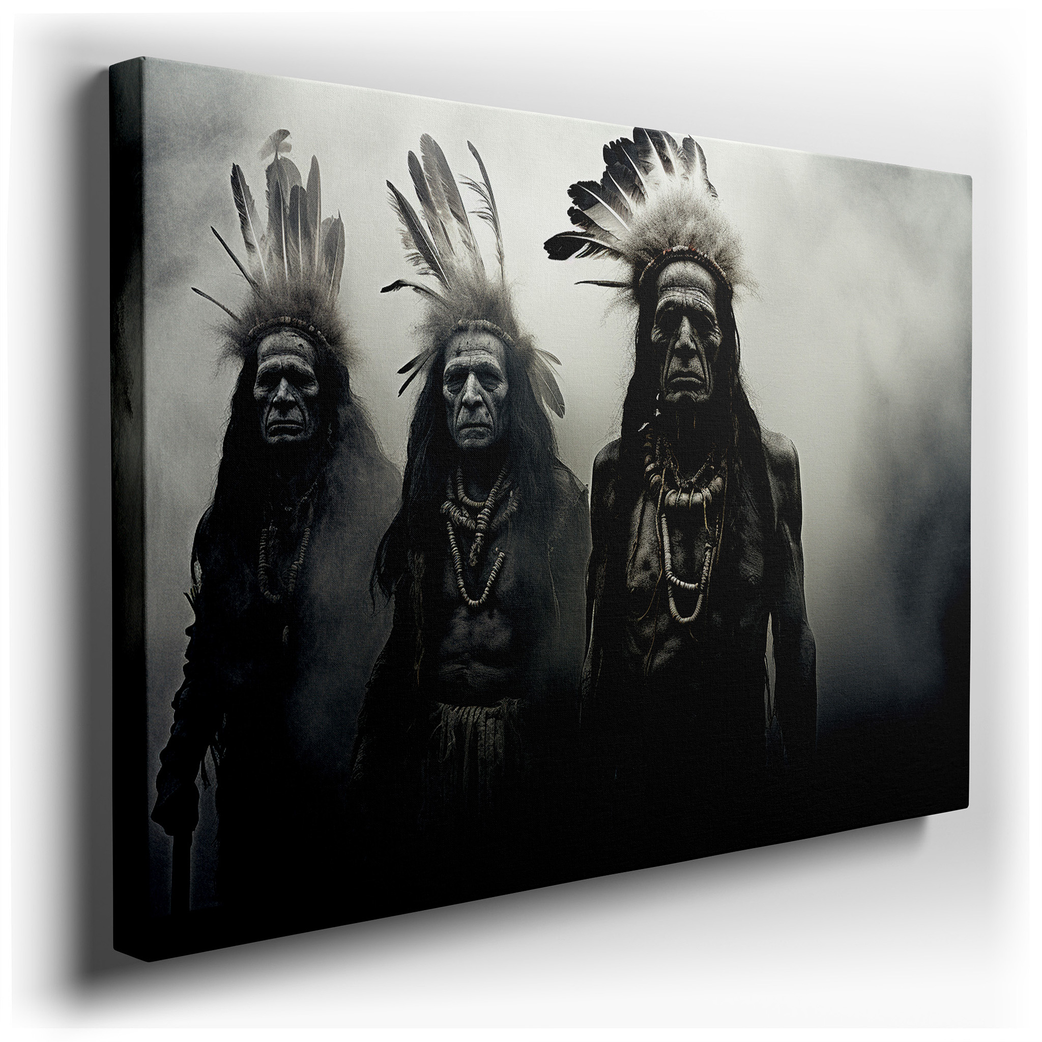 Indigenous Spirit Echoes - Ethereal Figures Adorned in Mist Large Wall Art, Canvas Wall Art, Wall Decor, Office Wall