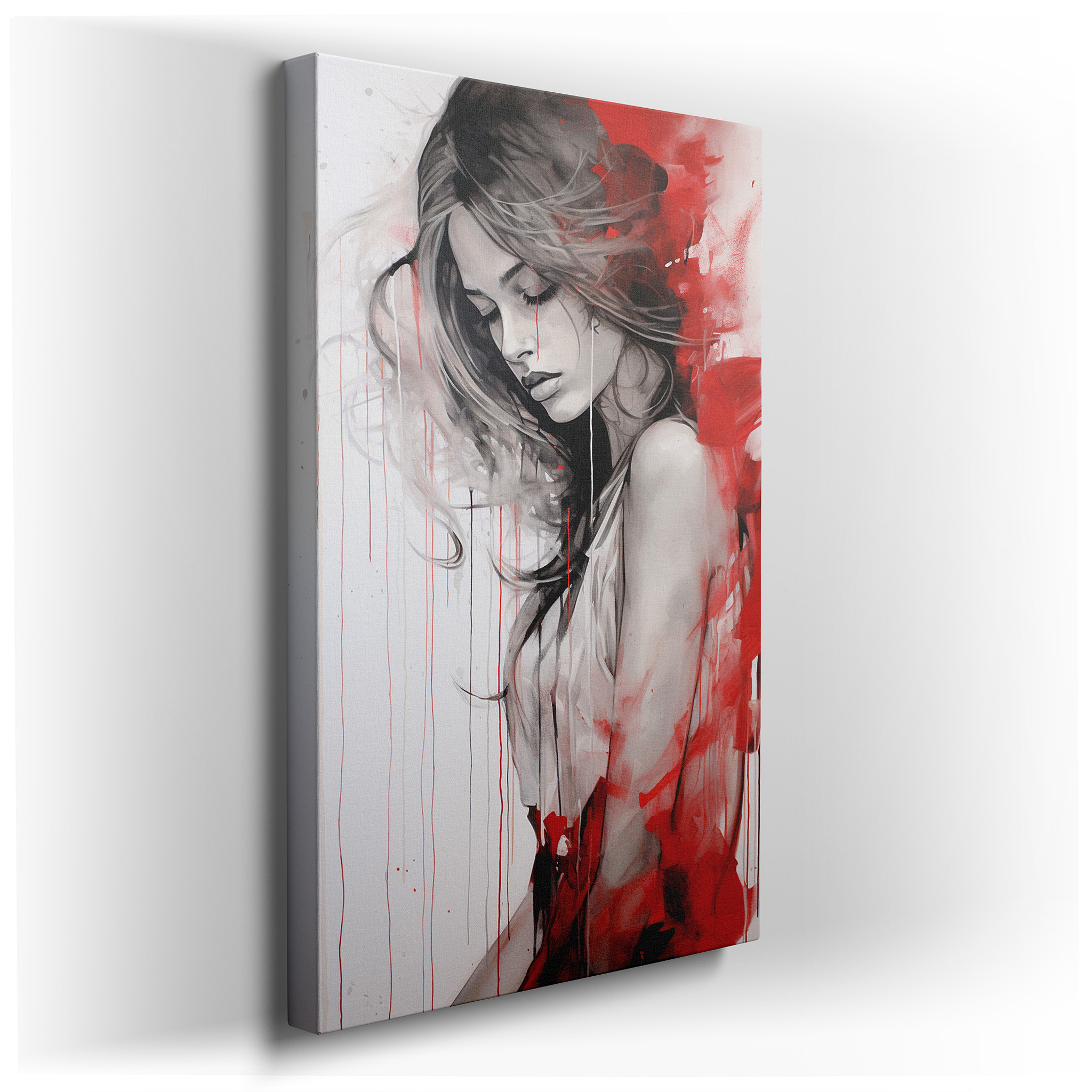 Introspective Woman Against a Chaotic Red Backdrop: Exploring Emotional Complexity and Artistic Depth - Large Canvas