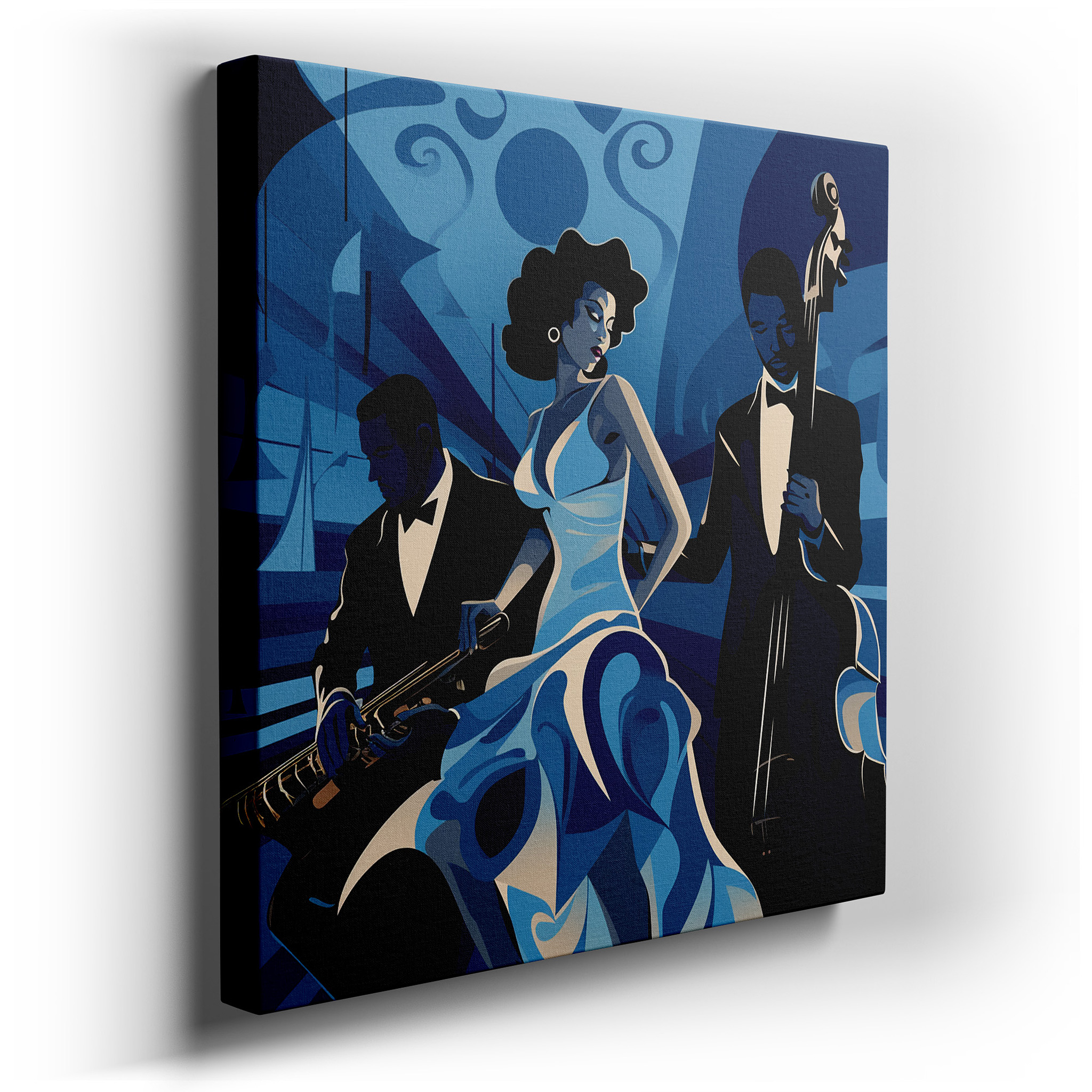Jazz Trio Soulful Blues Large Wall Art, Serene Shades Canvas, Live Music Essence Wall Decor for Office wrapped canvas -