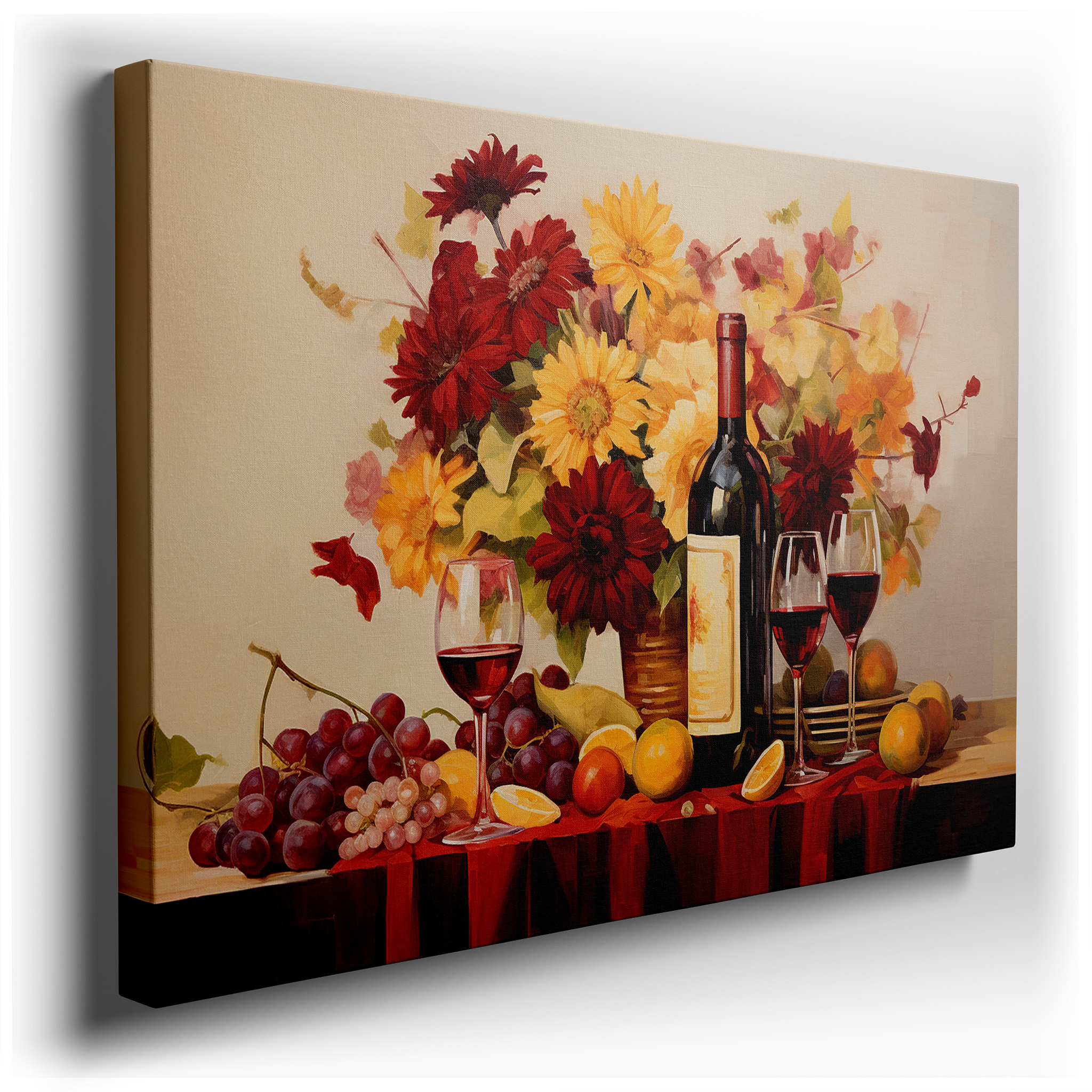 Joyful Celebration of Life with Wine, Fruit, and Flowers: Large Canvas Wall Art for Home and Office Decor wrapped