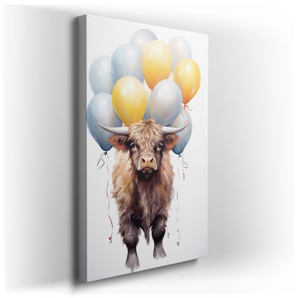 Joyful Cow with Colorful Balloons - Whimsical Canvas Wall Art