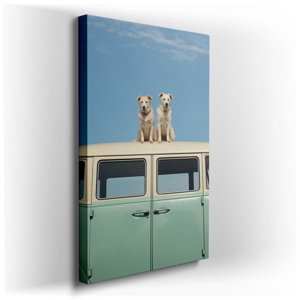 Joyful Friends Relaxing on an Old Car - Colorful Canvas Wall Art