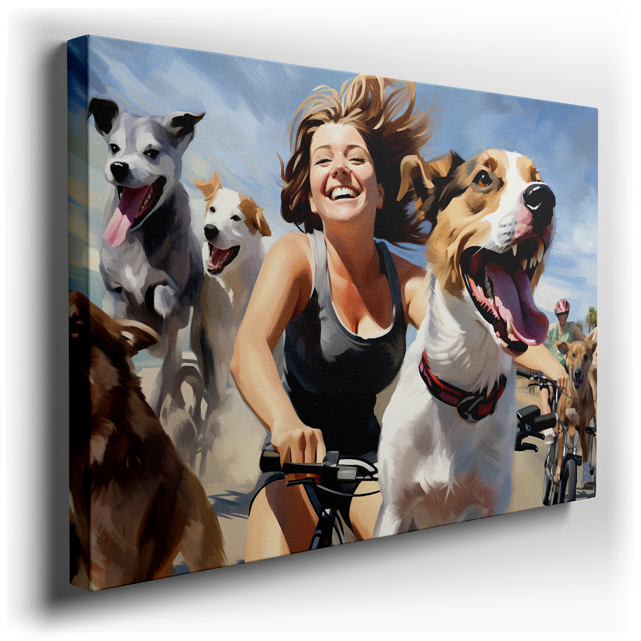 Joyful Journey on a Sunny Trail with Energetic Dogs and a Beaming Woman Large Wall Art, Canvas Wall Art, Wall Decor for