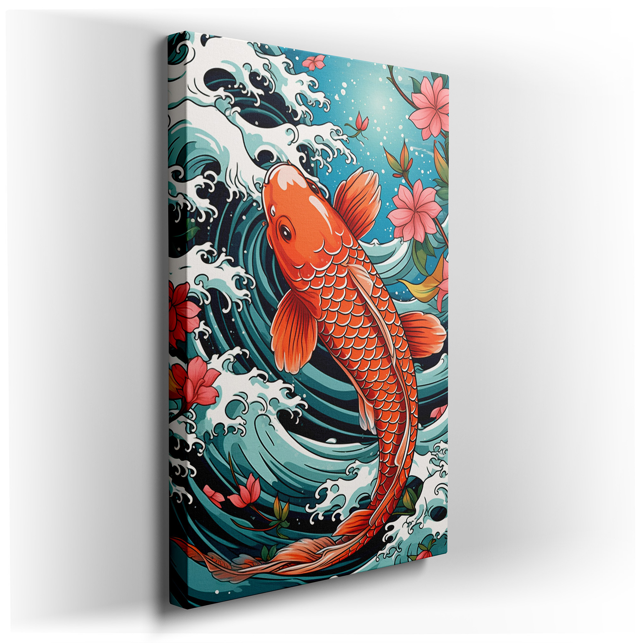 Koi Fish and Cherry Blossoms: Navigating Tranquil Waters Amidst Stormy Seas - Oversized Wall Art, Canvas Art, Home and