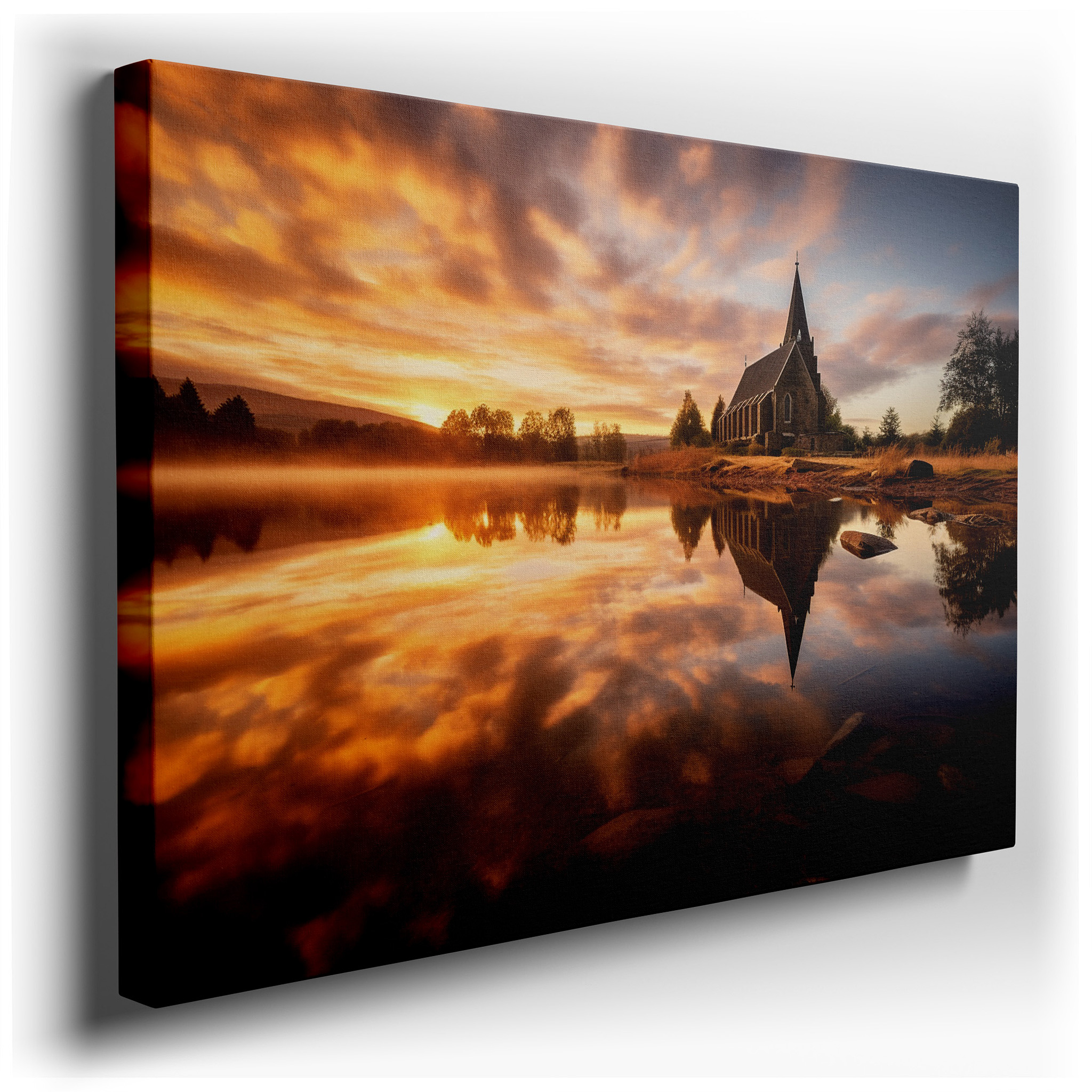 Lakeside Church Sunrise Serenity: A Harmonious Blend of Nature and Architecture - Large Canvas Wall Art for Office