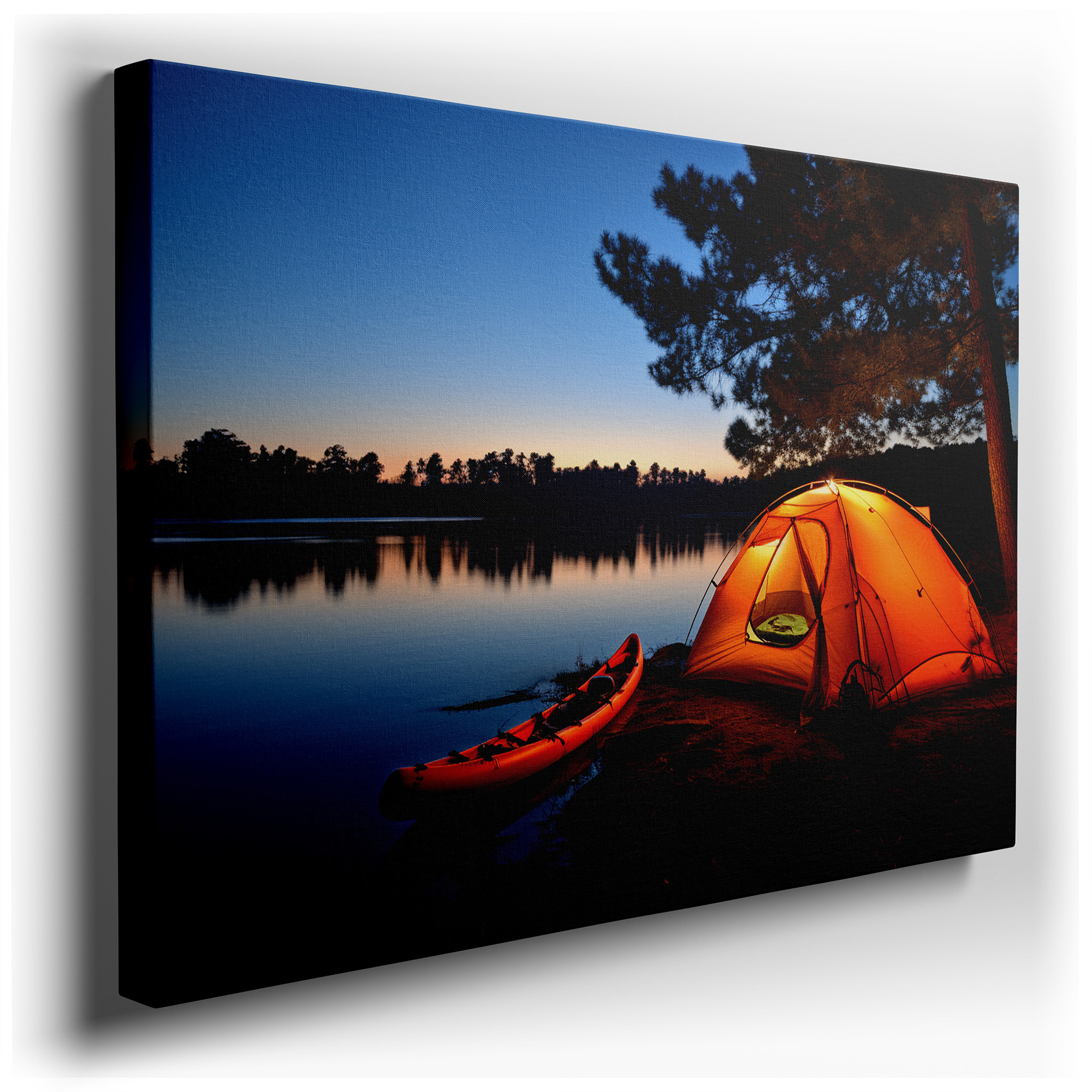 Lakeside Twilight Serenity: Glowing Tent and Resting Kayak Large Canvas Wall Art for Office and Bedroom Decor wrapped