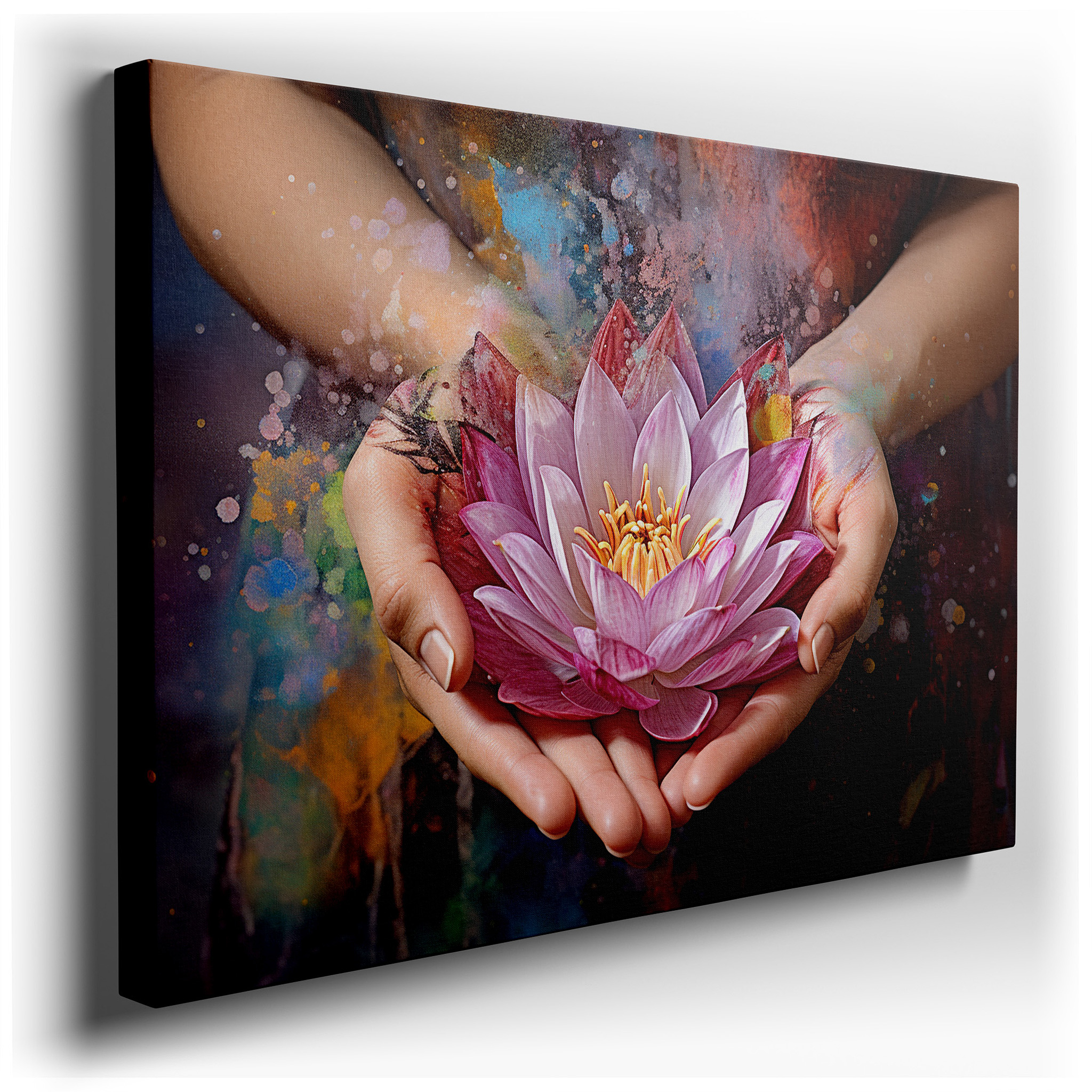 Large Wall Art Canvas Depicting Hands Cradling a Lotus in a Symbolic Dance of Purity and Rebirth, Highlighting the