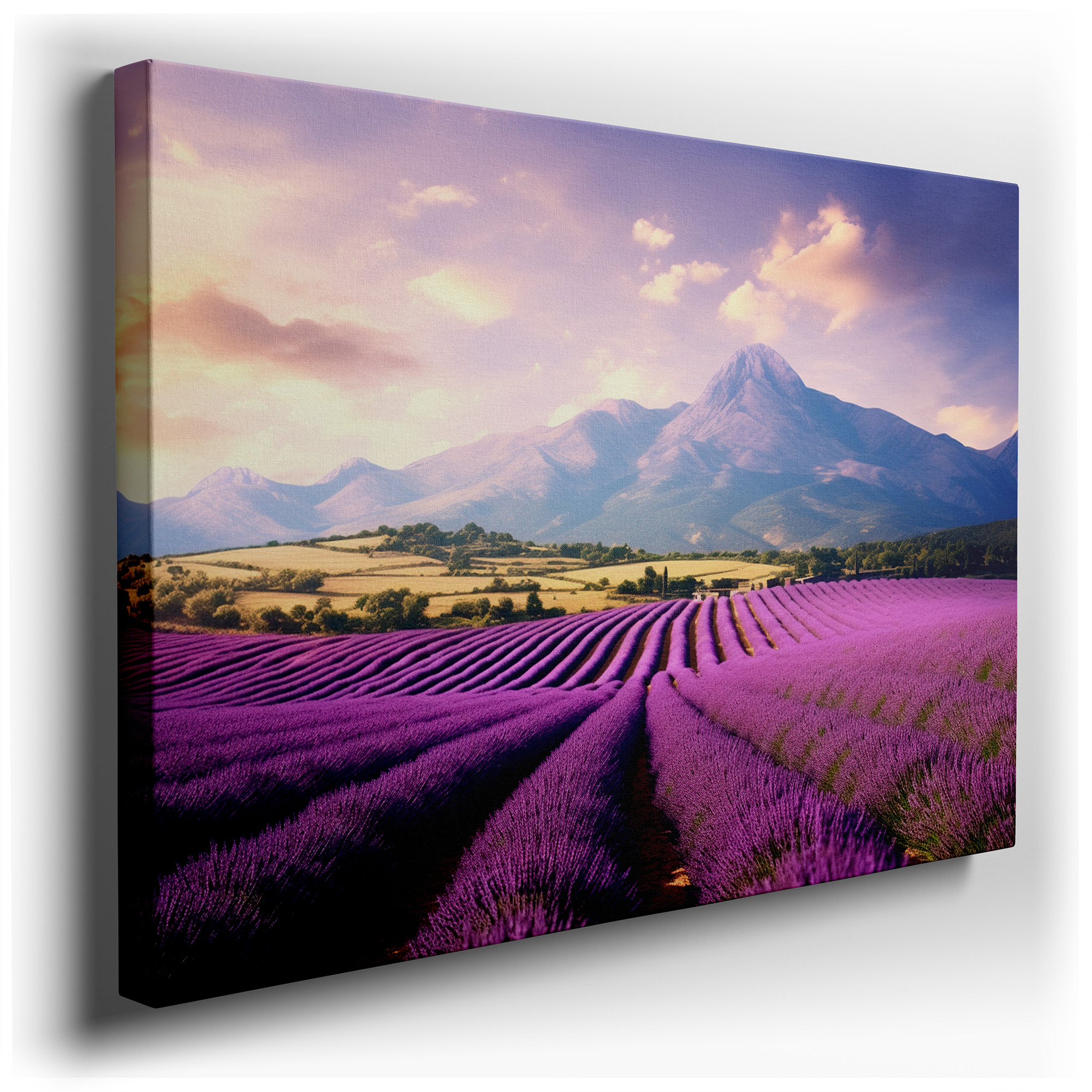 Lavender Fields and Majestic Mountains Under a Vibrant Sunset Sky - Large Canvas Wall Art for Office and Bedroom Decor