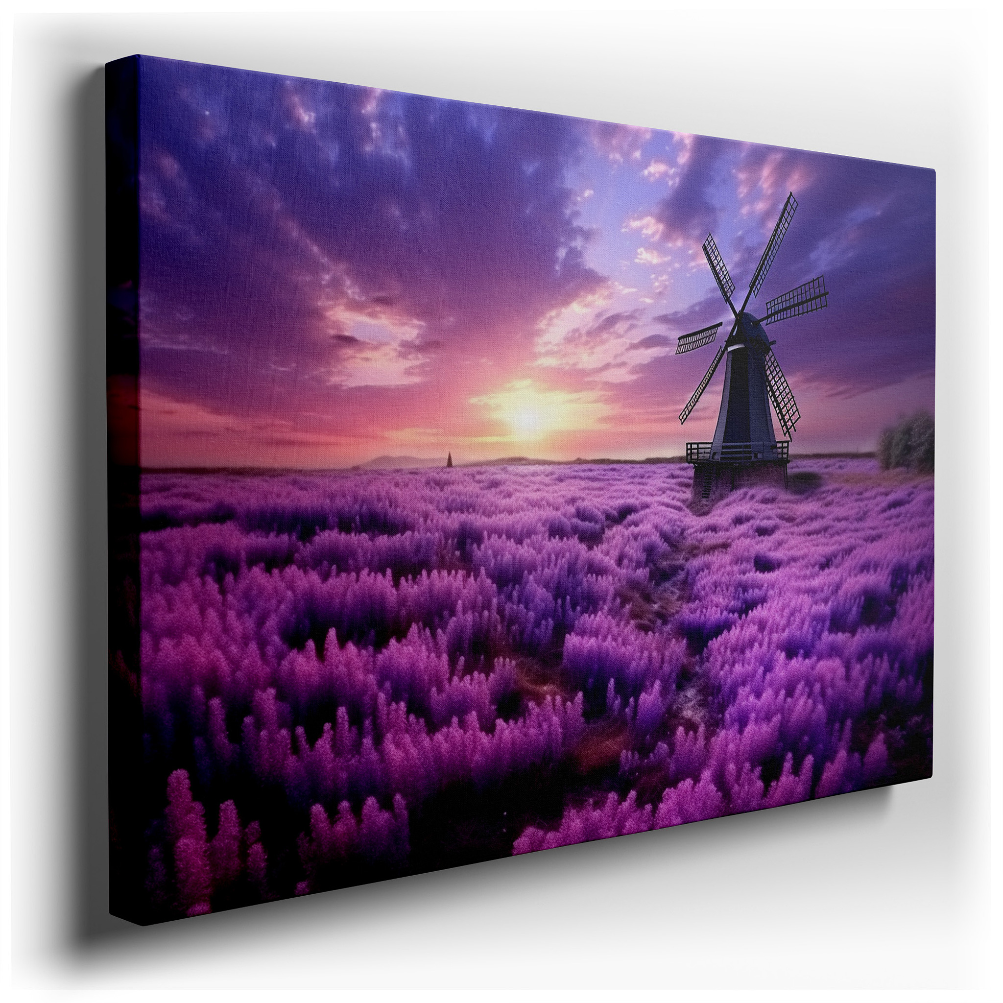 Lavender Fields and Rustic Windmill Against a Fiery Sunset Sky - Large Canvas Wall Art for Office, Bedroom, and Living
