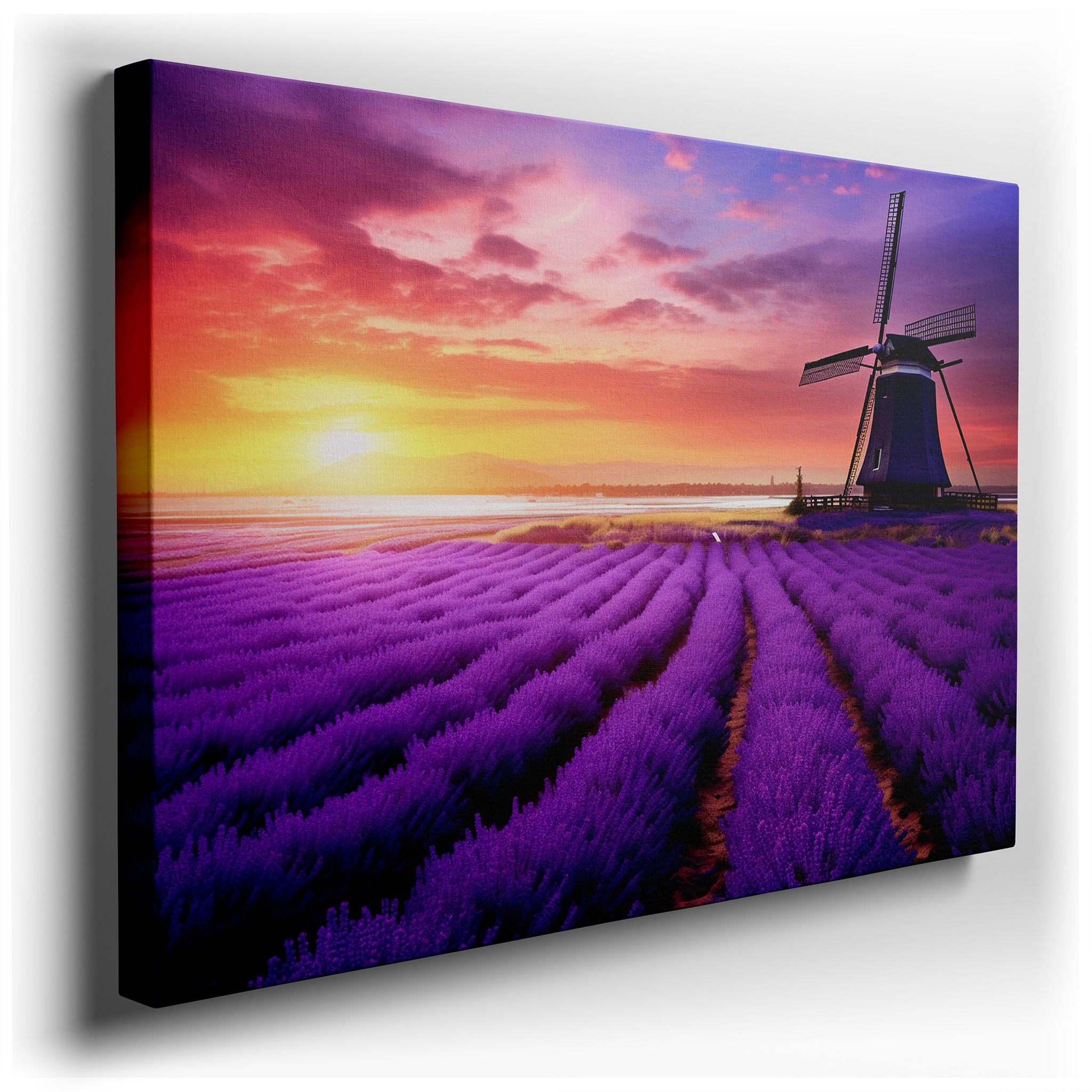 Lavender Fields with Rustic Windmill at Sunset Large Canvas Wall Art for Office, Bedroom, and Living Room Decor wrapped