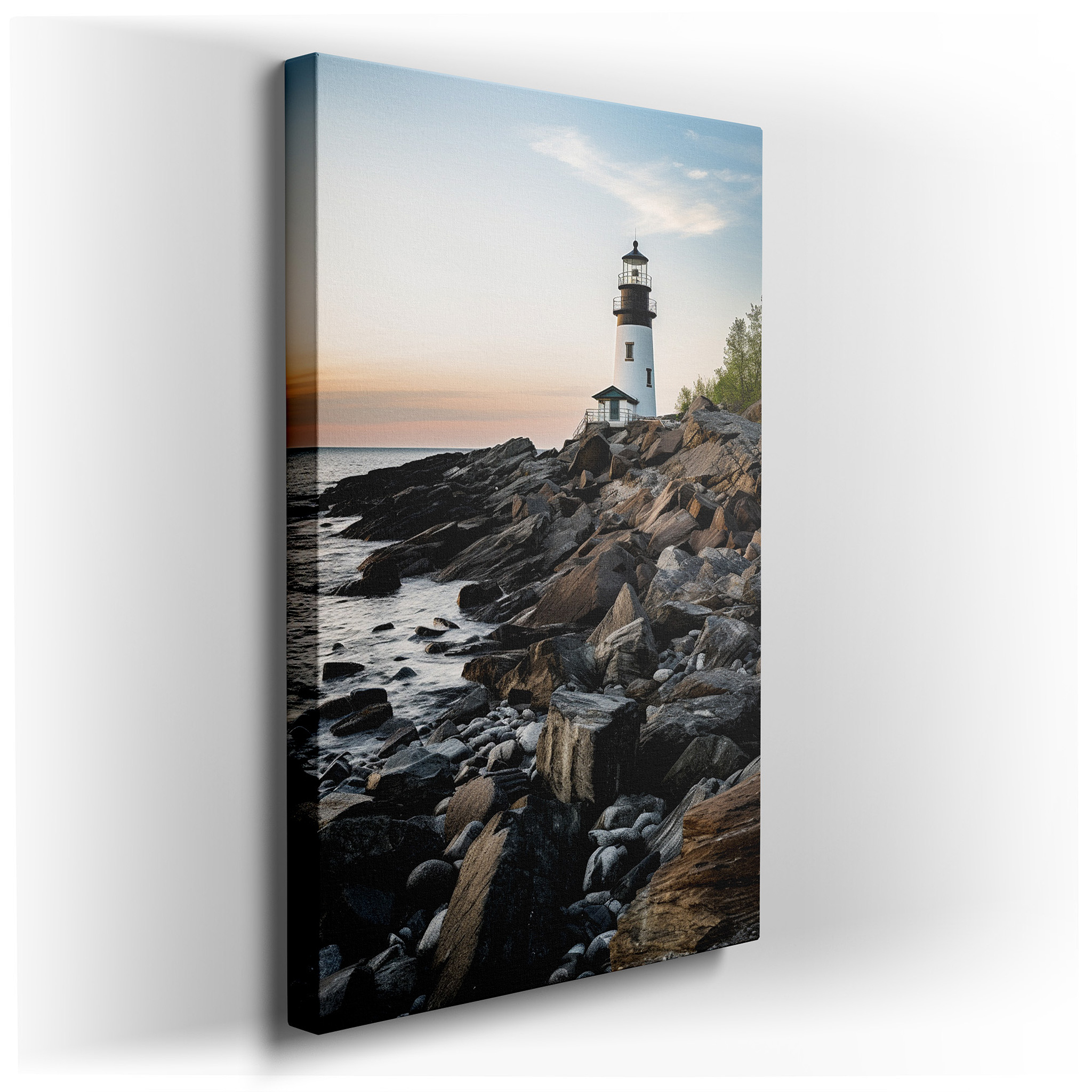 Lighthouse at Sunset Wall Art: Majestic Beacon Against Tranquil Coastal Hues - Large Canvas for Home and Office Decor
