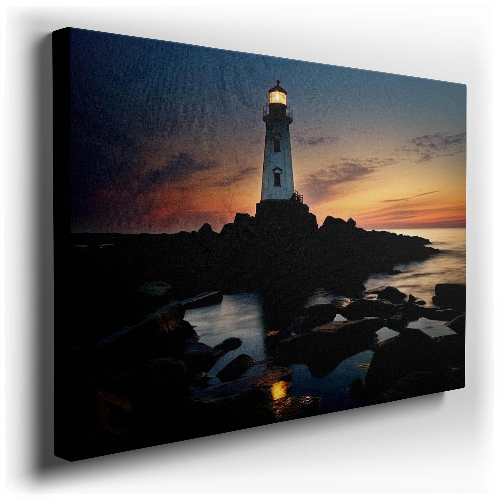 Lighthouse Beacon of Hope Wall Art: Fiery Skies and Tranquil Seas - Large Canvas for Home and Office Decor, Perfect for