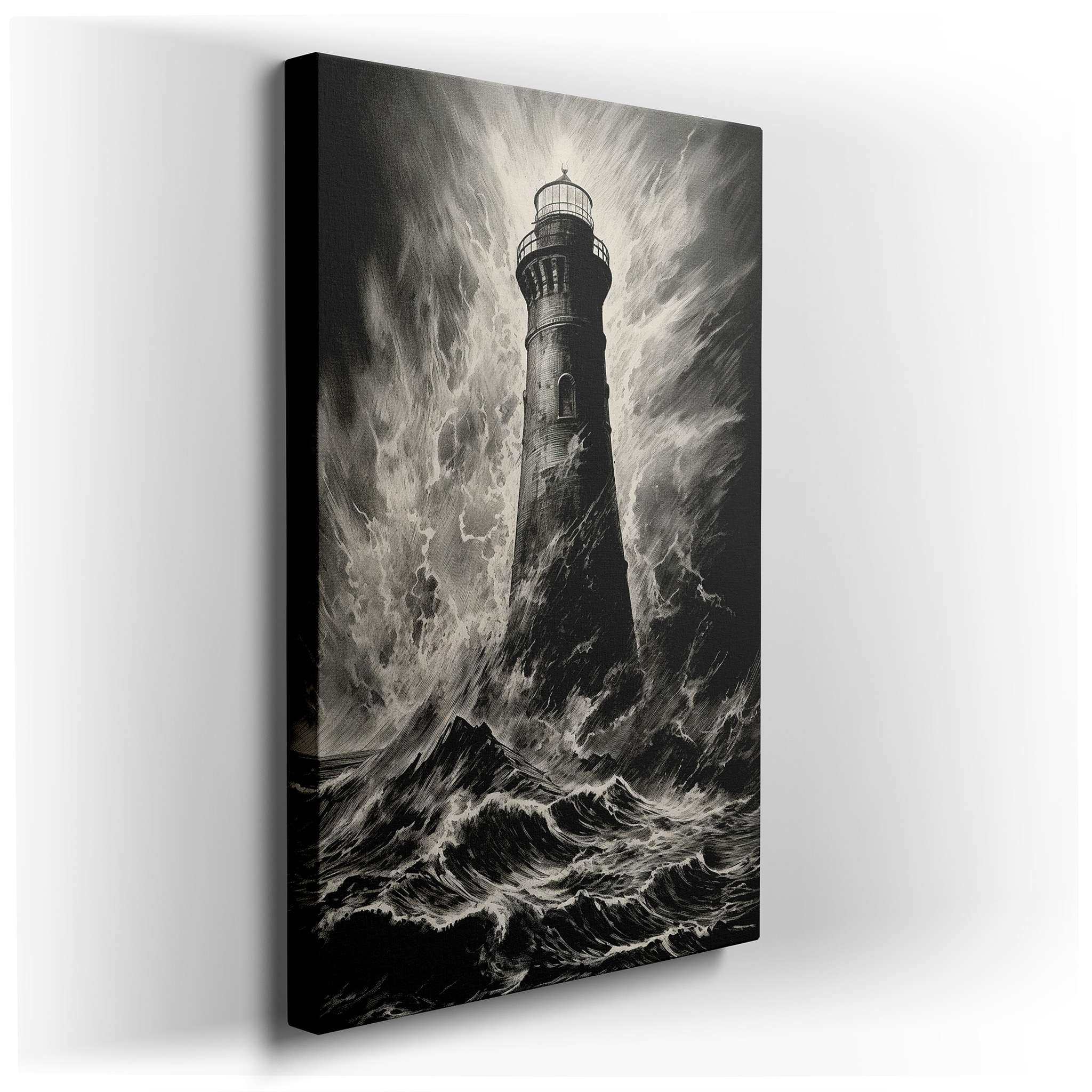 Lighthouse Beacon of Resilience: Timeless Maritime Masterpiece in Black and White - Large Canvas Wall Art for Office