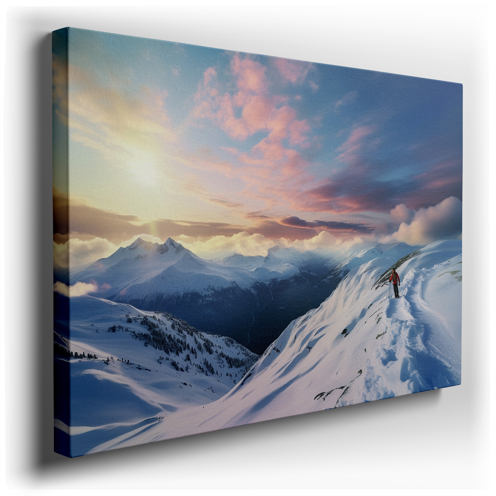Lone Adventurer on Snowy Summit, Silhouetted by Dawn of Renewal - Large Canvas Wall Art for Office and Bedroom Decor