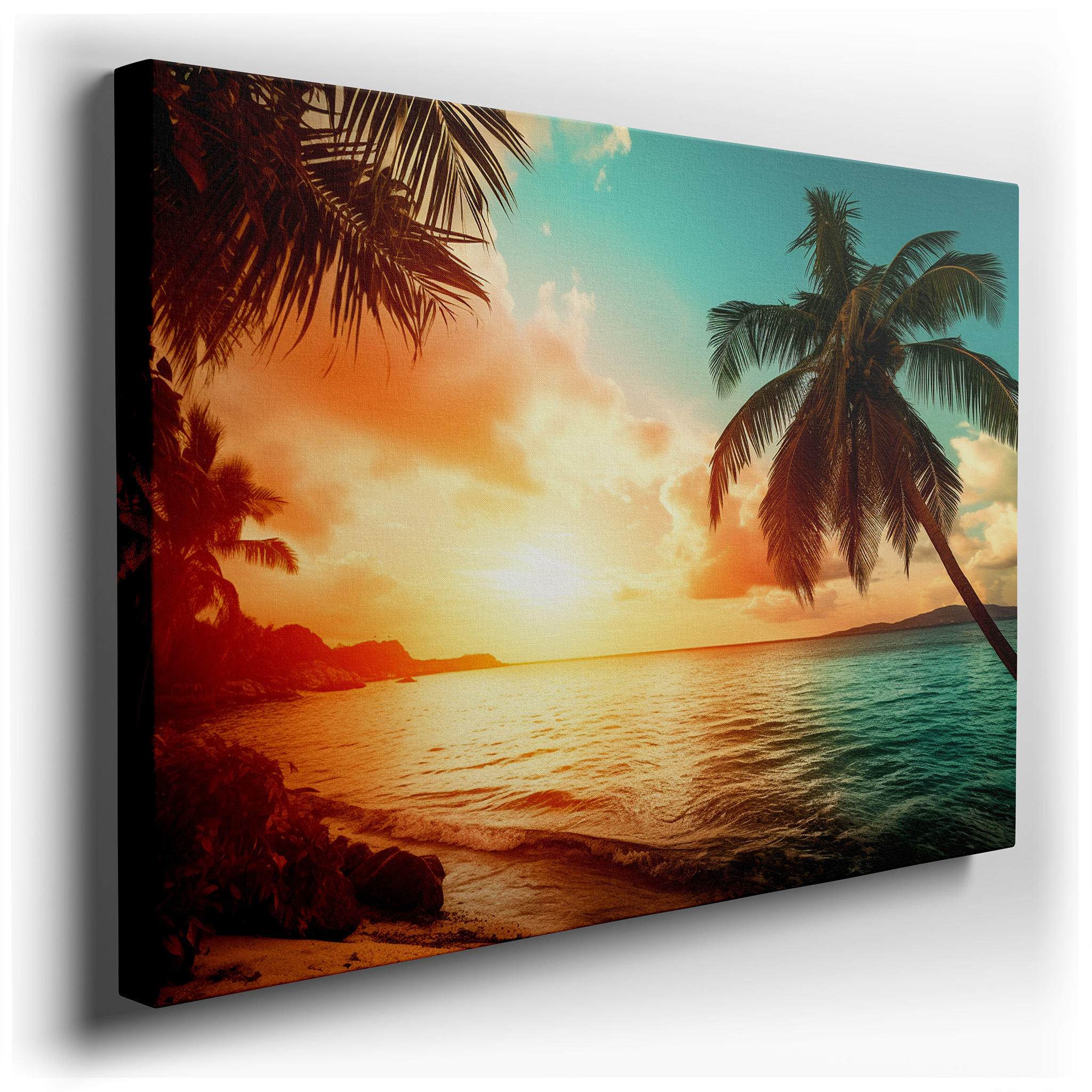 Lone Palm Silhouette at Sunset, Orange and Teal Sky Above Calm Ocean Waves, Large Canvas Wall Art for Home and Office
