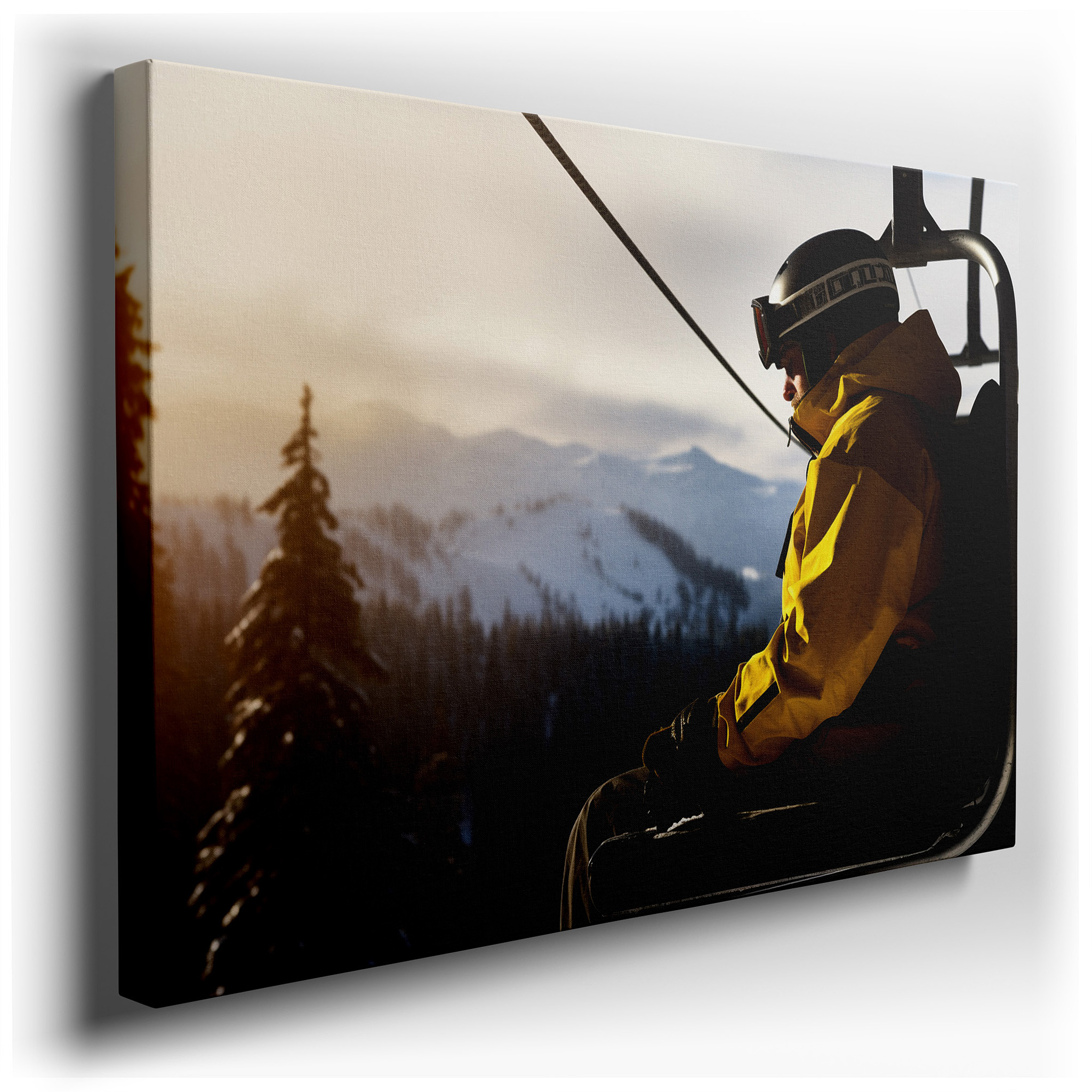 Lone Skier Ascending in Chairlift Against Snow - Capped Peaks at Dusk - Large Canvas Wall Art for Office and Bedroom