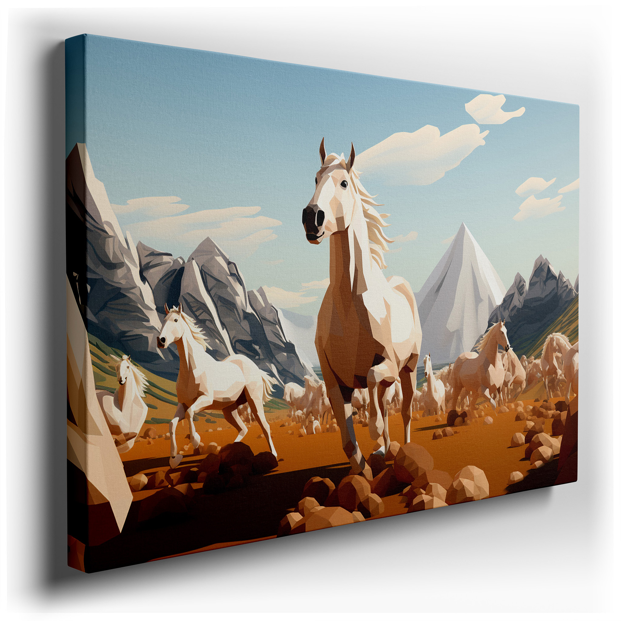 Low - Poly Style Herd of Horses in Motion with Snow - Capped Mountains Background, Large Canvas Wall Art for Office and