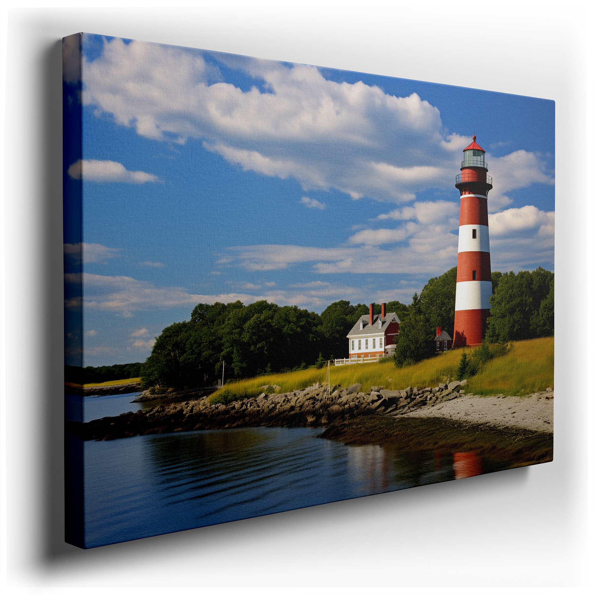 Luminous Lighthouse by Tranquil Waters Surrounded by Verdant Foliage Under a Bright Morning Sky - Large Canvas Wall Art