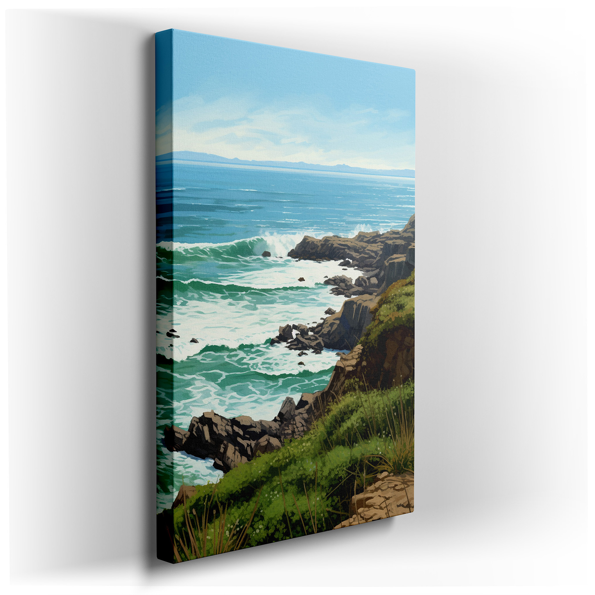 Lush Greenery and Ocean's Embrace Beneath a Wide Blue Sky: Large Wall Art, Canvas Wall Art, Wall Decor for Office and