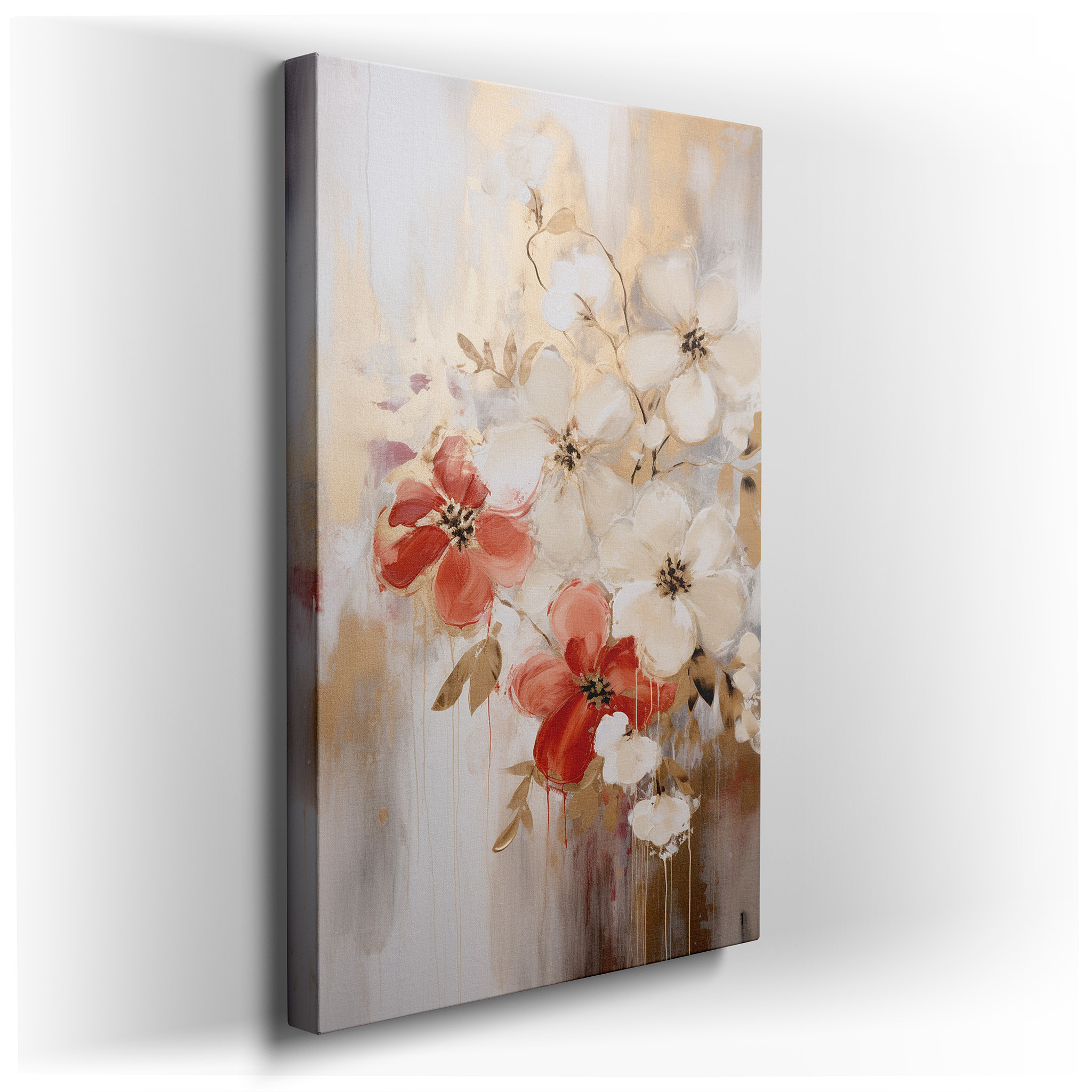Luxurious Bouquet Featuring Golden Highlights, Serene Mix of Soft Roses and Delicate Daisies, Large Canvas Wall Art for