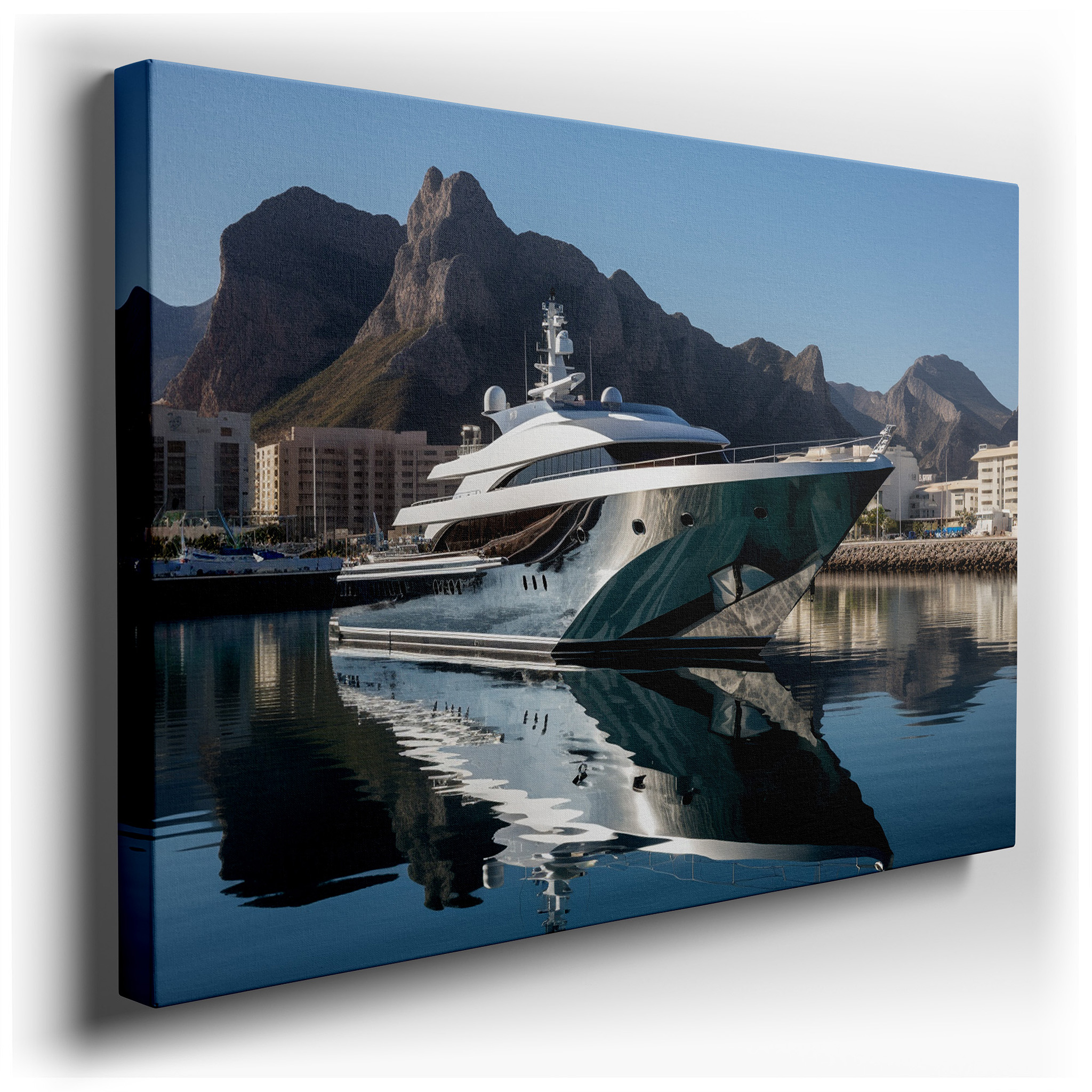 Luxurious Coastal Serenity: Majestic Yacht and Misty Mountain Canvas Wall Art for Office and Bedroom Decor wrapped